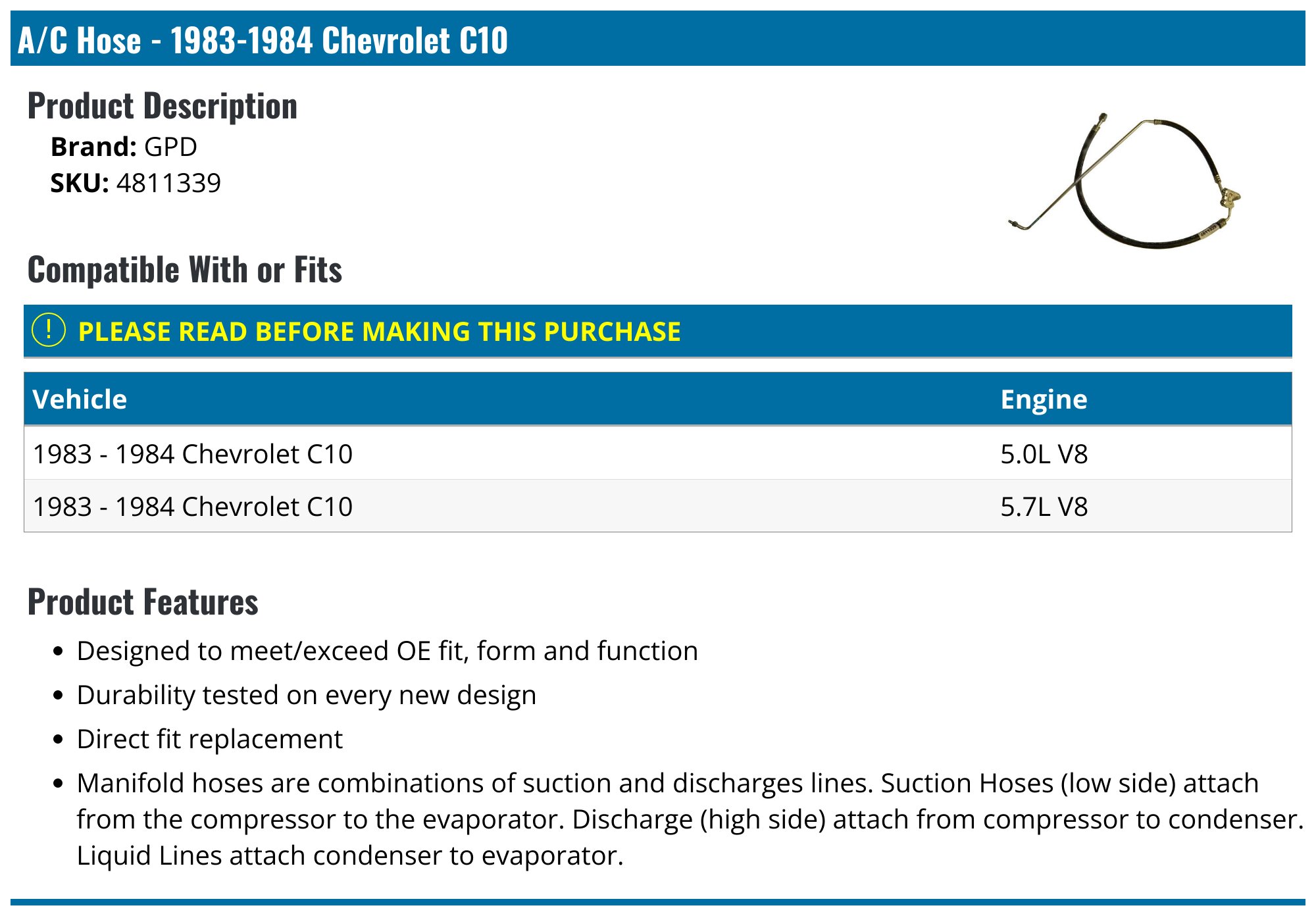 1979-1984 Oldsmobile 98 A/C Hose - UAC HA 112110C