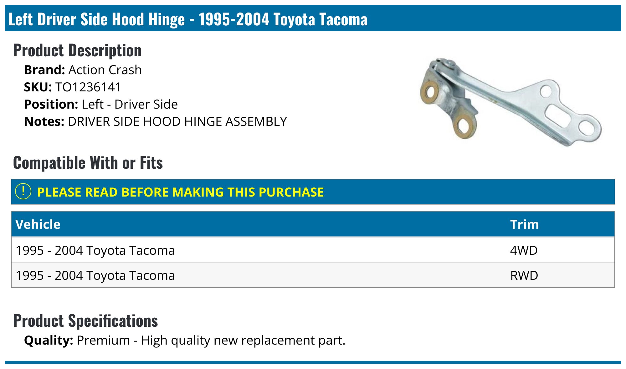 Buy 1995-2004 TOYOTA TACOMA HOOD HINGE ASSEMBLY DLX 1996 1997 1998 1999 2000 SR5 LH In