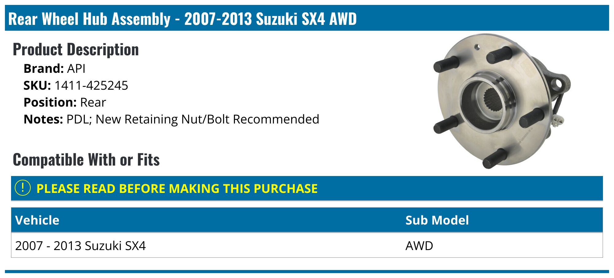 2007-2013 Suzuki SX4 Wheel Hub Assembly - API 23937-07544911