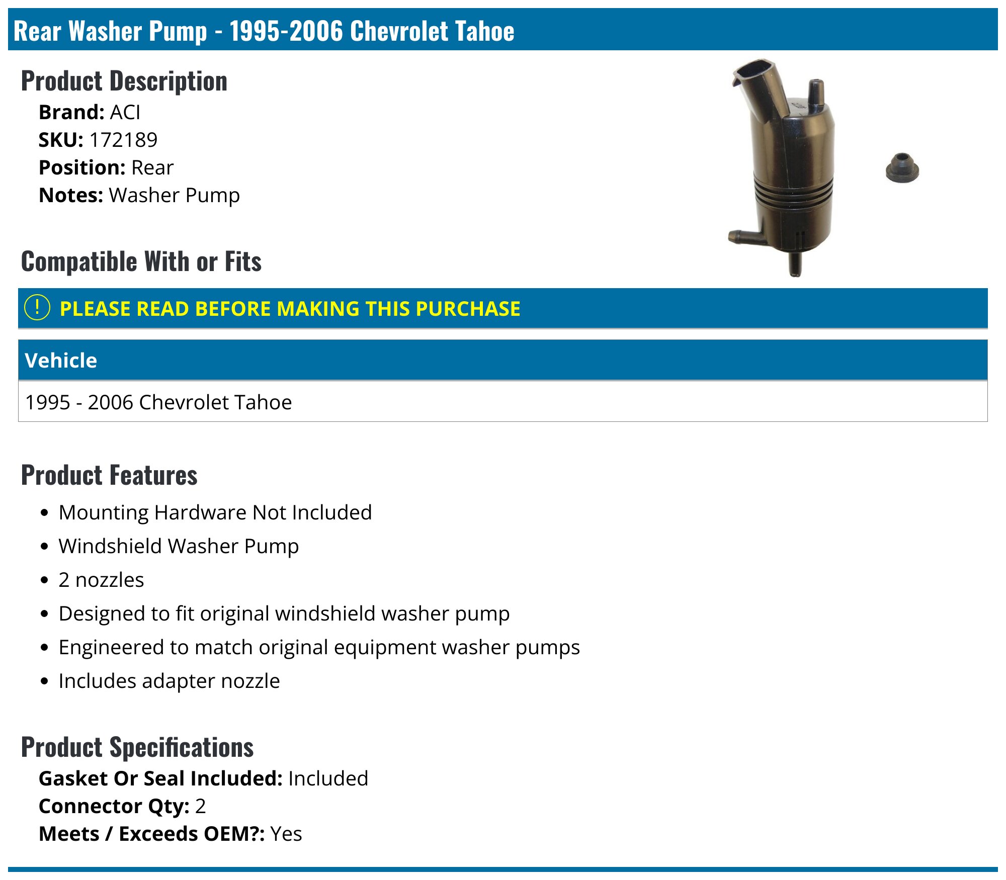 ACDelco 8-6710 Front Windshield Washer Pump