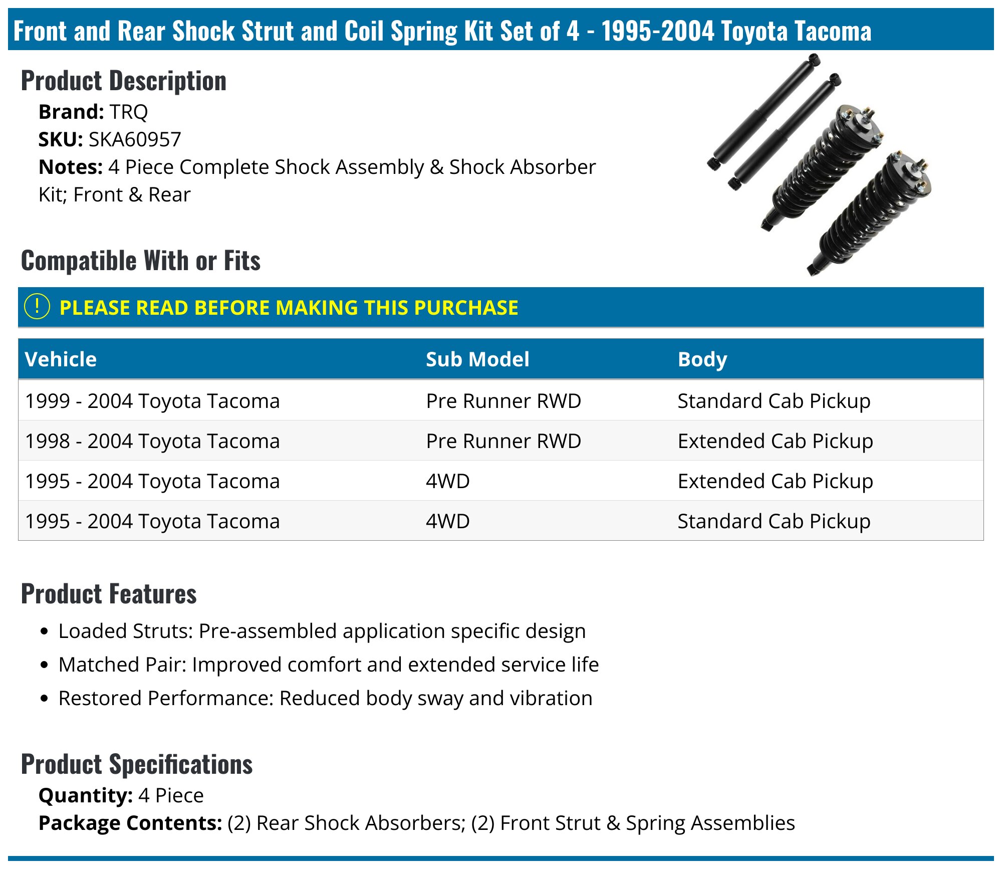 For 1998-04 Toyota Tacoma Pre Runner RWD 4X Front & Rear Struts