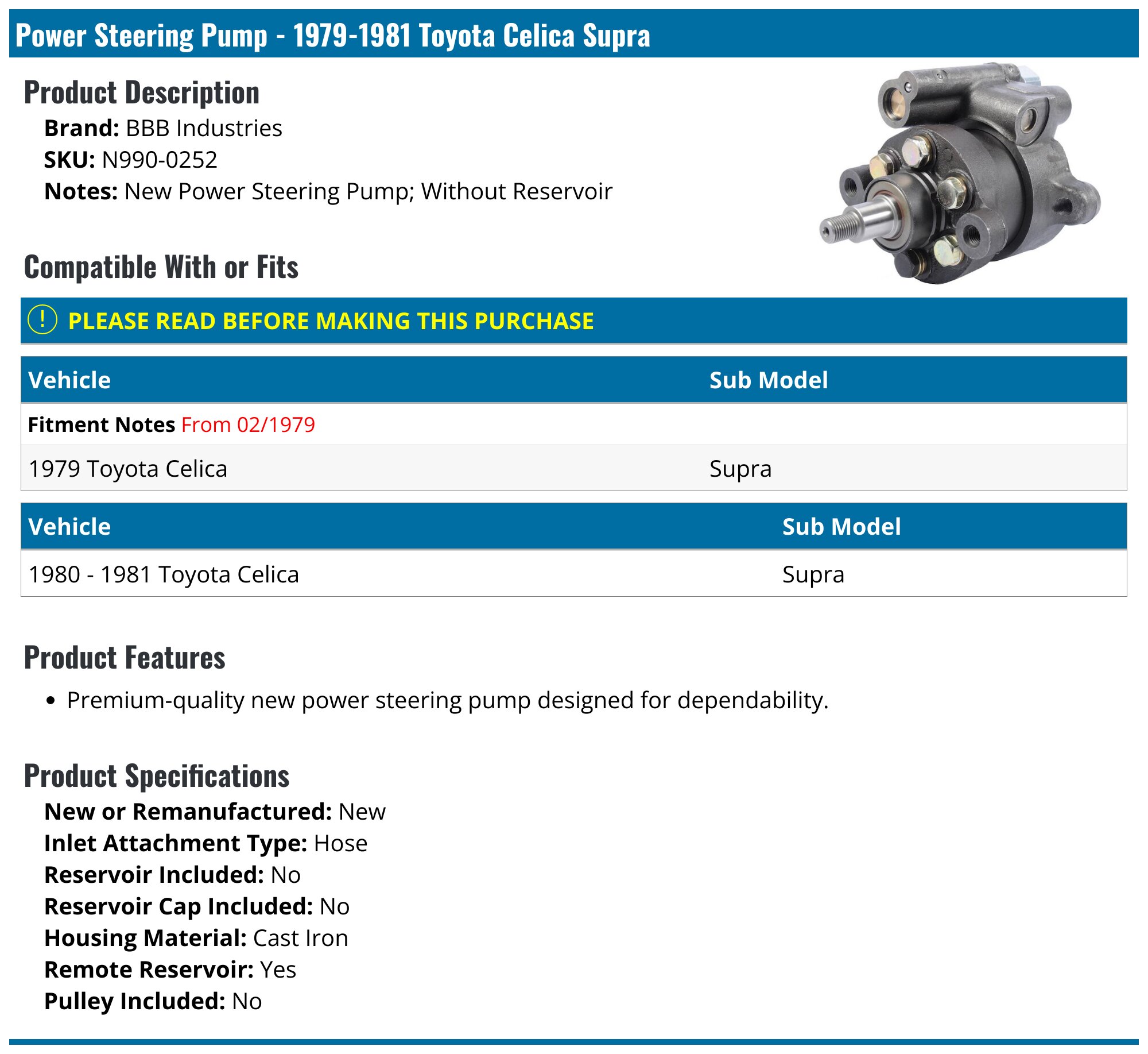 1979-1981 Toyota Celica Power Steering Pump - BBB Industries N990-0252 ...