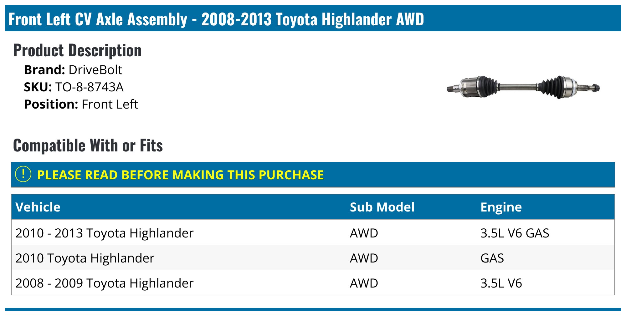 2008-2013 Toyota Highlander Axle Assembly - DriveBolt TO-8-8743A ...