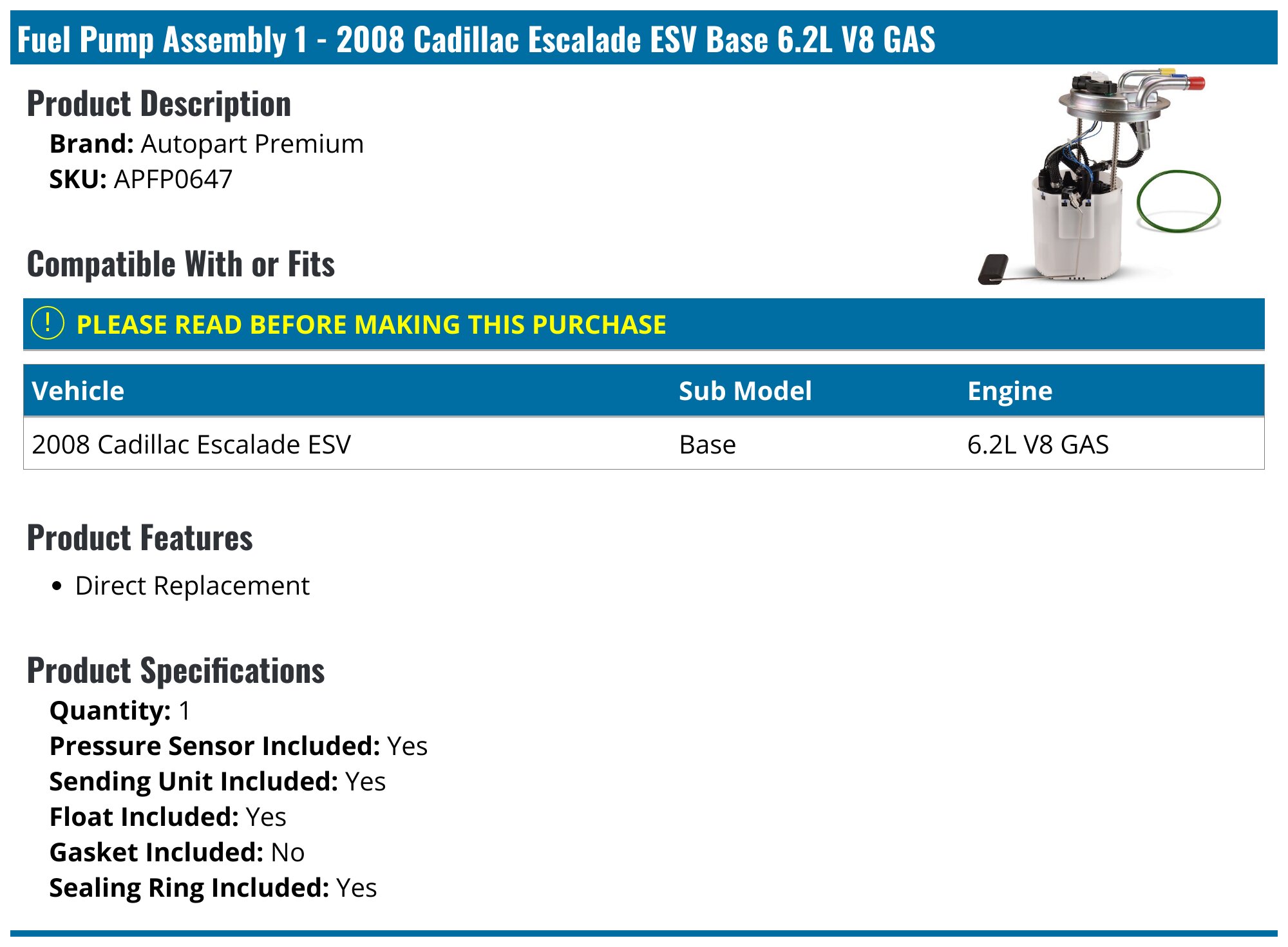 2008-2009 Chevrolet Avalanche Fuel Pump - Autobest F2764A