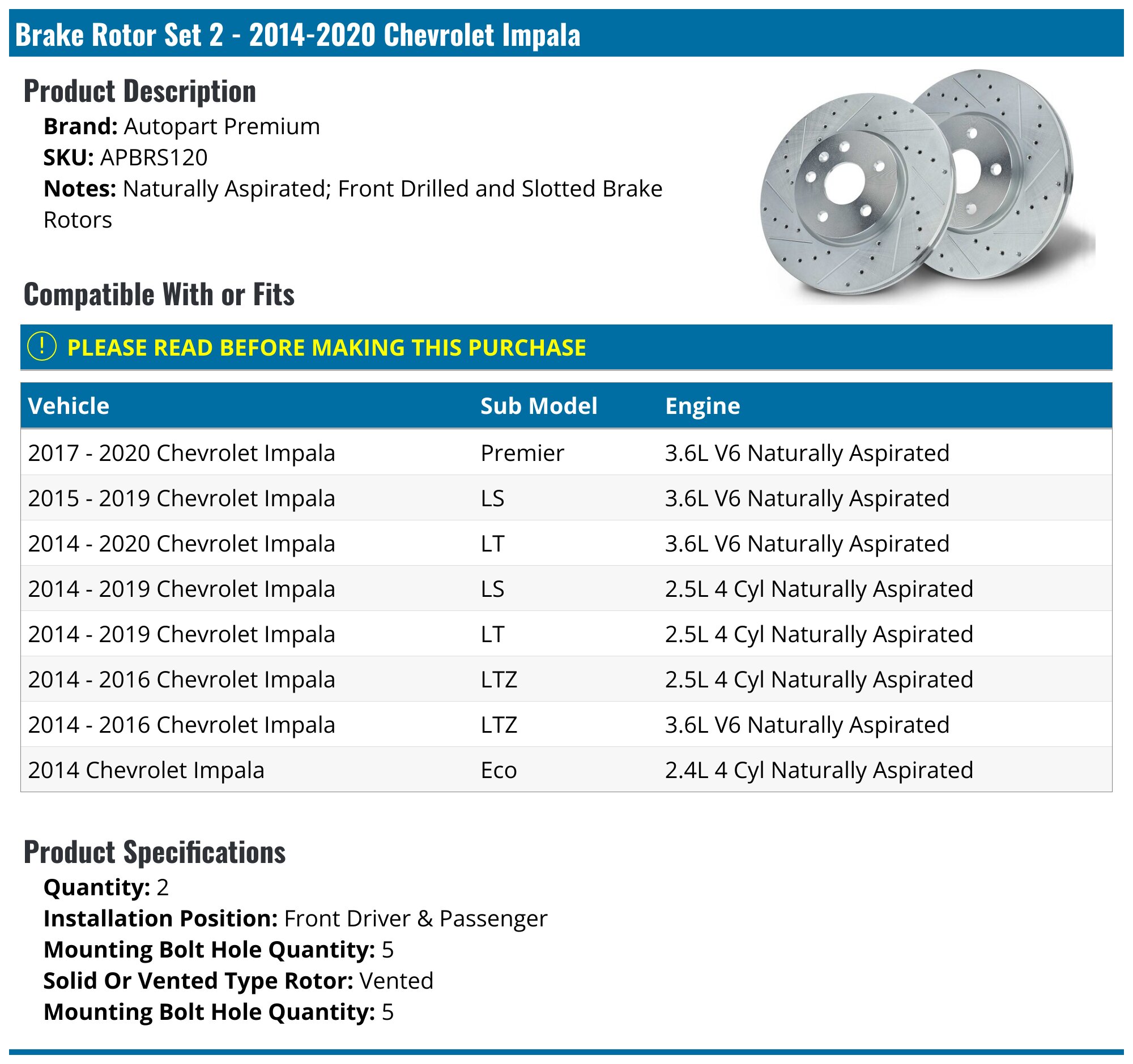 2014-2020 Chevrolet Impala Brake Rotor - Autopart Premium APBRS120 ...