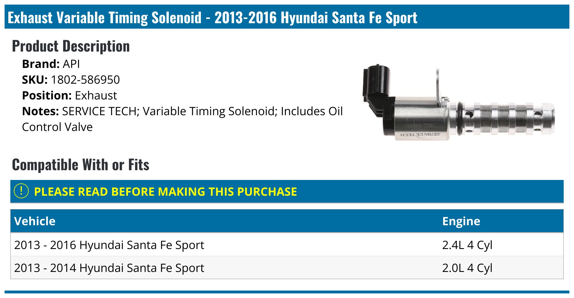 2013-2016, 2018 Hyundai Santa Fe Sport Variable Timing Solenoid