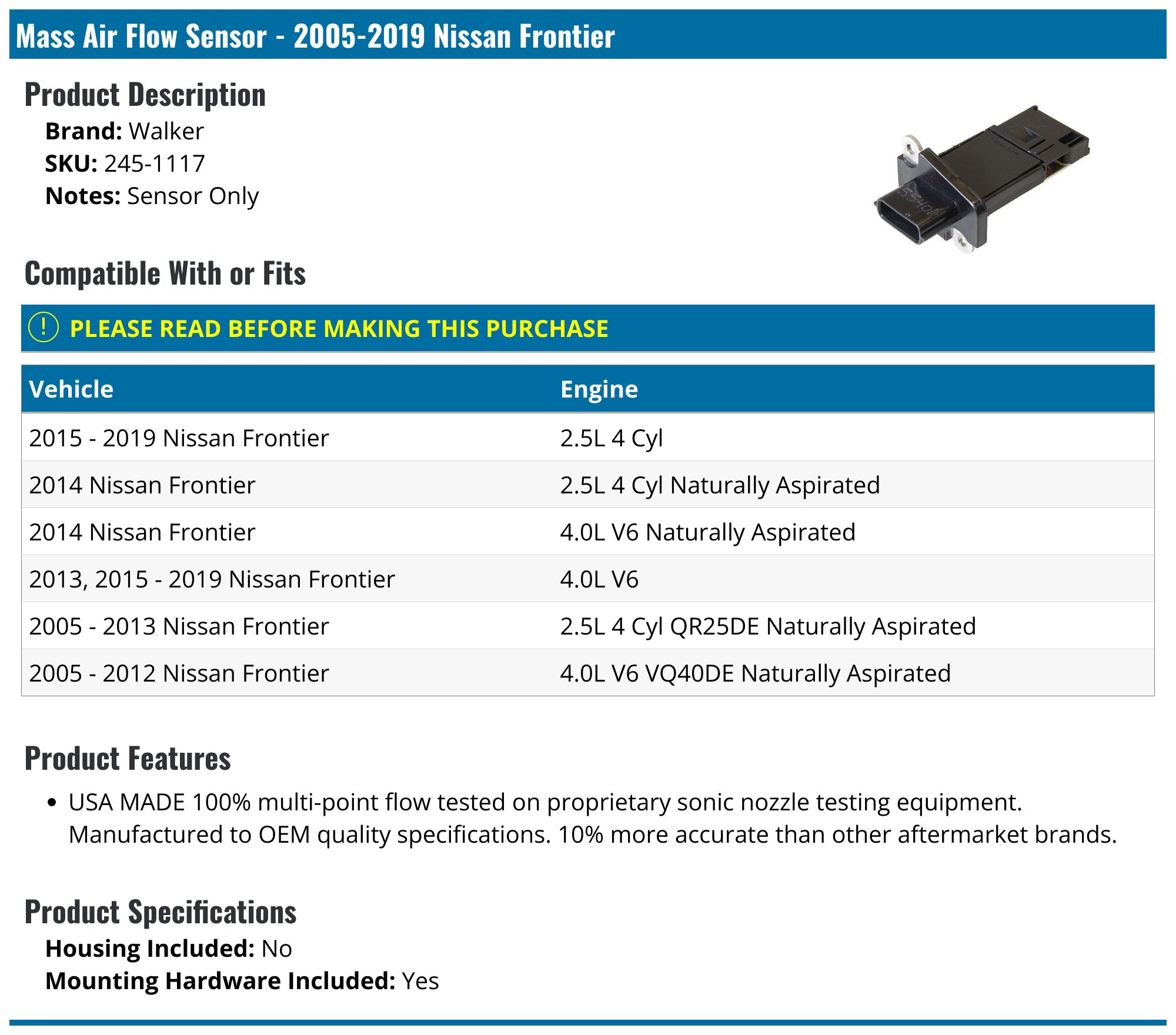 Autopartszone Mass Air Flow Sensor MAF 22680-7S000 For Nissan Frontier 2005-2015 2.5L
