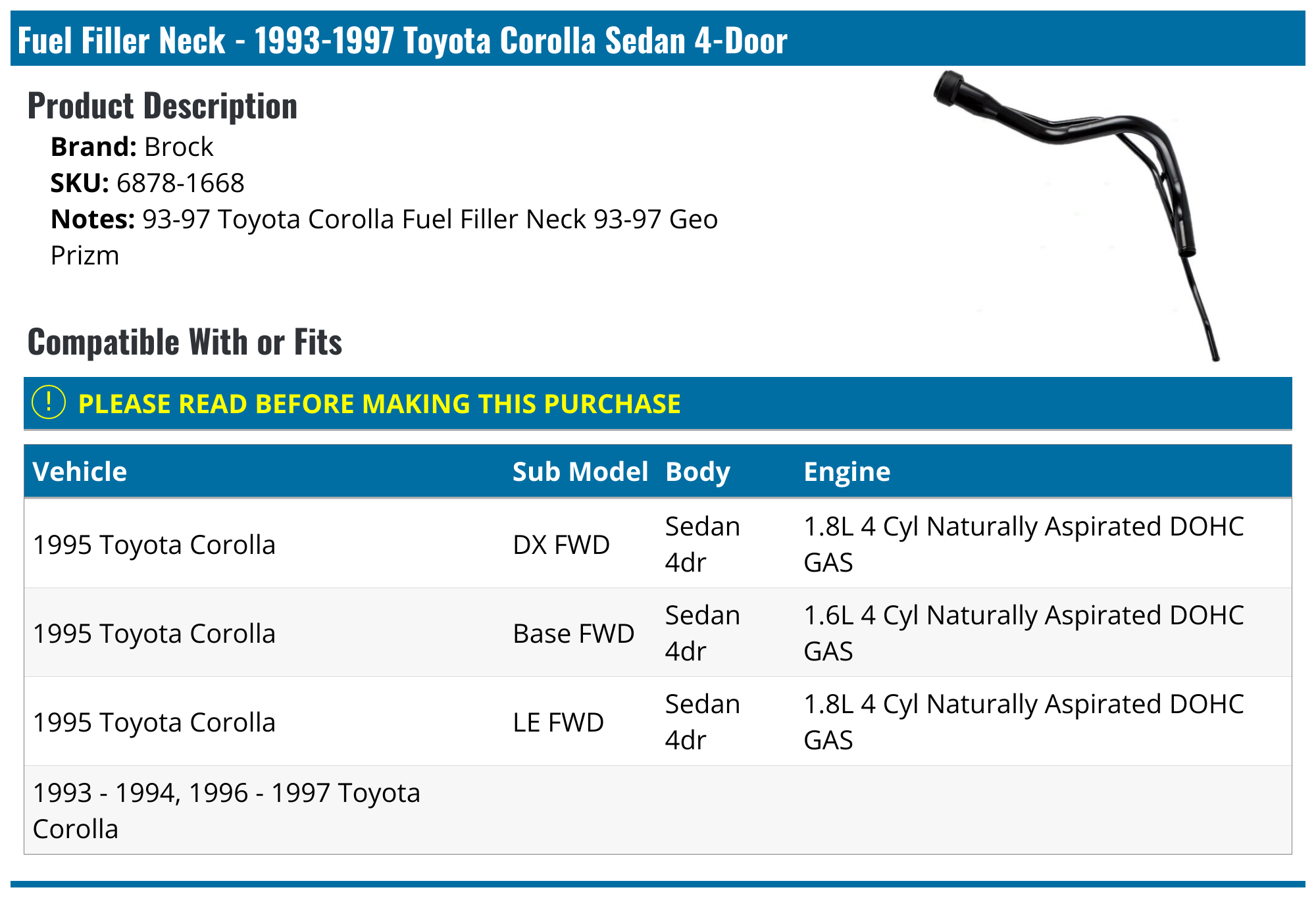 19931997 Toyota Corolla Fuel Filler Neck Brock 68781668