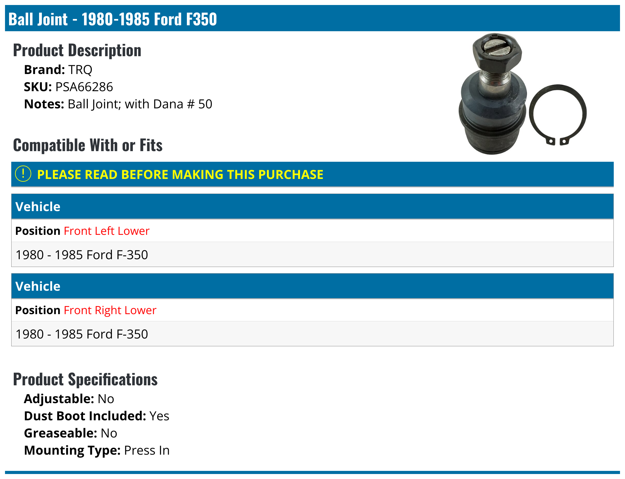 19801985 Ford F350 Ball Joint TRQ PSA66286 Front Right Lower