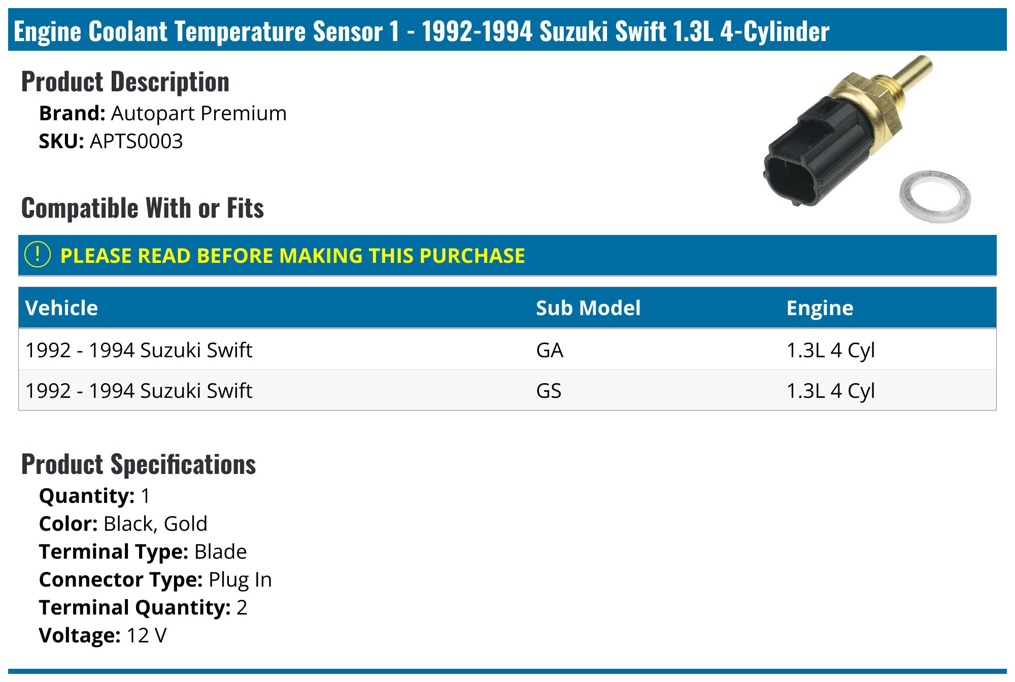Swift Temperature Sensor 1992-1994 Suzuki Swift Engine Coolant Temperature Sensor - Autopart ...