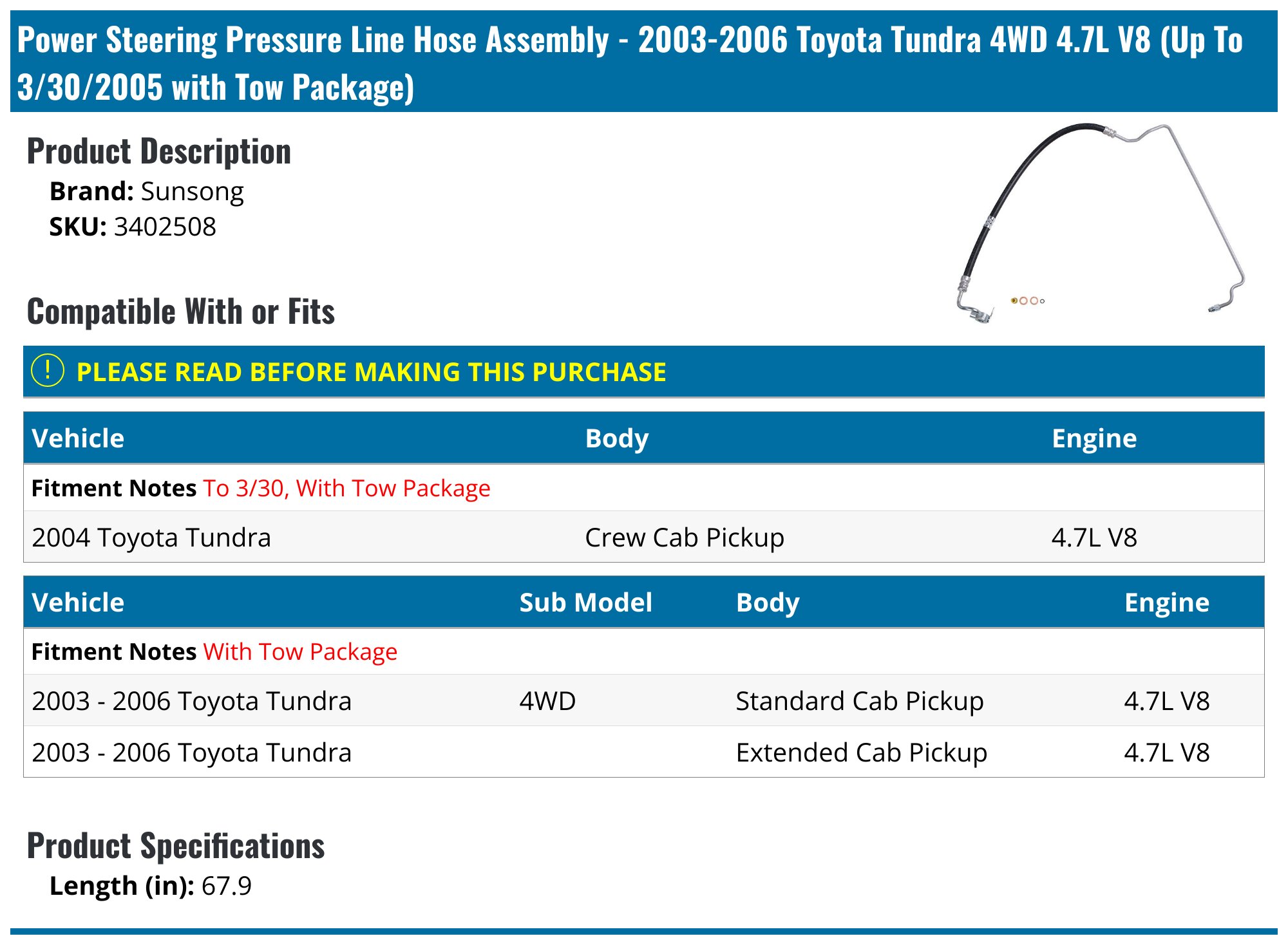 A-Premium Power Steering Pressure Hose Line Assembly Compatible with Toyota Tundra 2000-2006, Sequoia 2001-2007, 4.7L, Pump to Gear/Rack, Replace