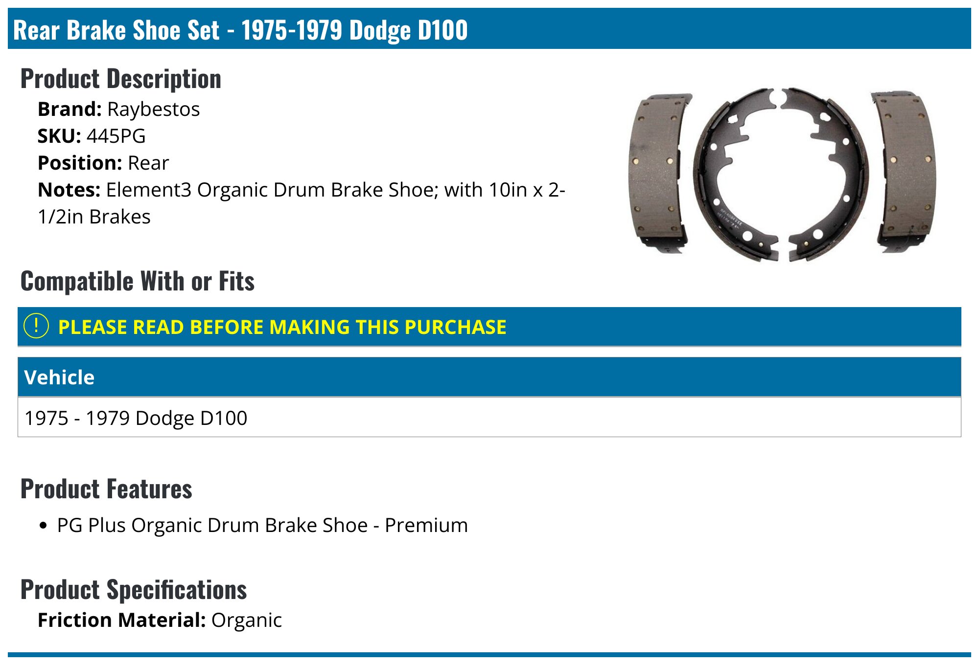 19751979 Dodge D100 Brake Shoe Set Raybestos 445PG Rear