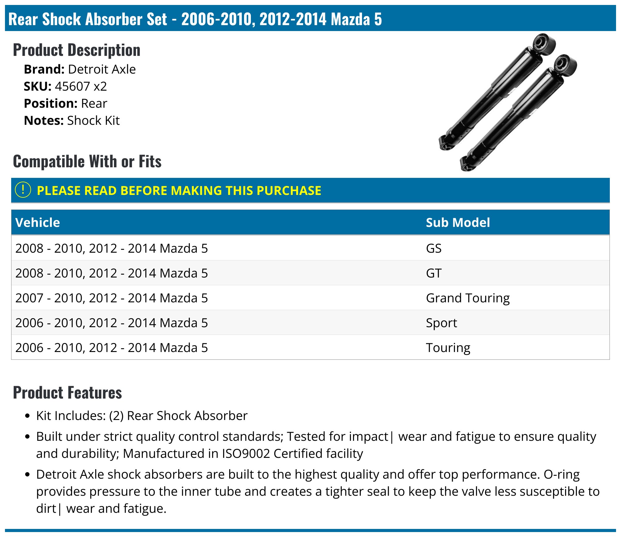 DREXLER Rear Shock Absorbers Pair For Mazda 5 2005-2016 – Twin Tube Gas Pressure