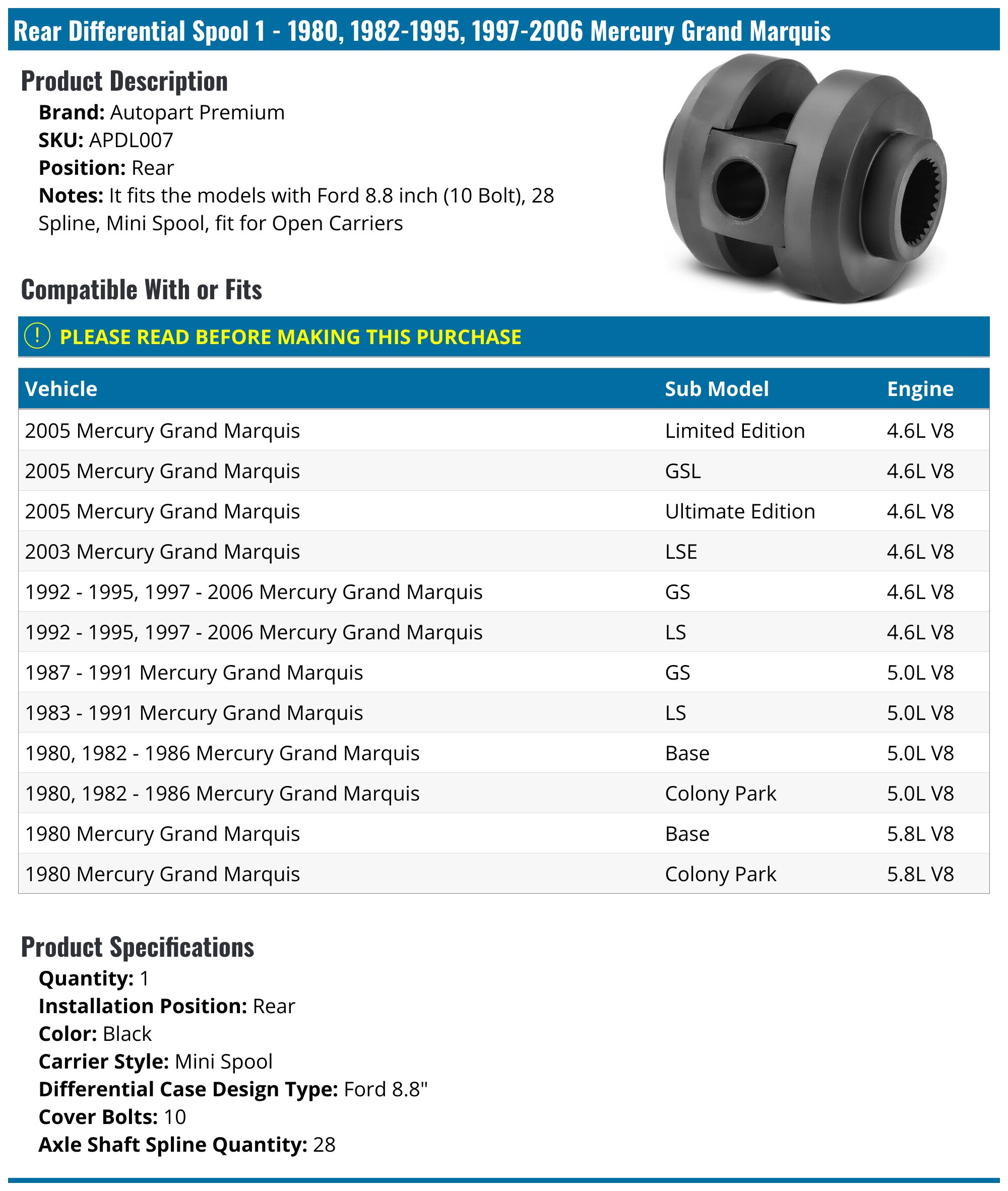 Grand Spool 1980, 1982-1995, 1997-2006 Mercury Grand Marquis Differential Spool ...
