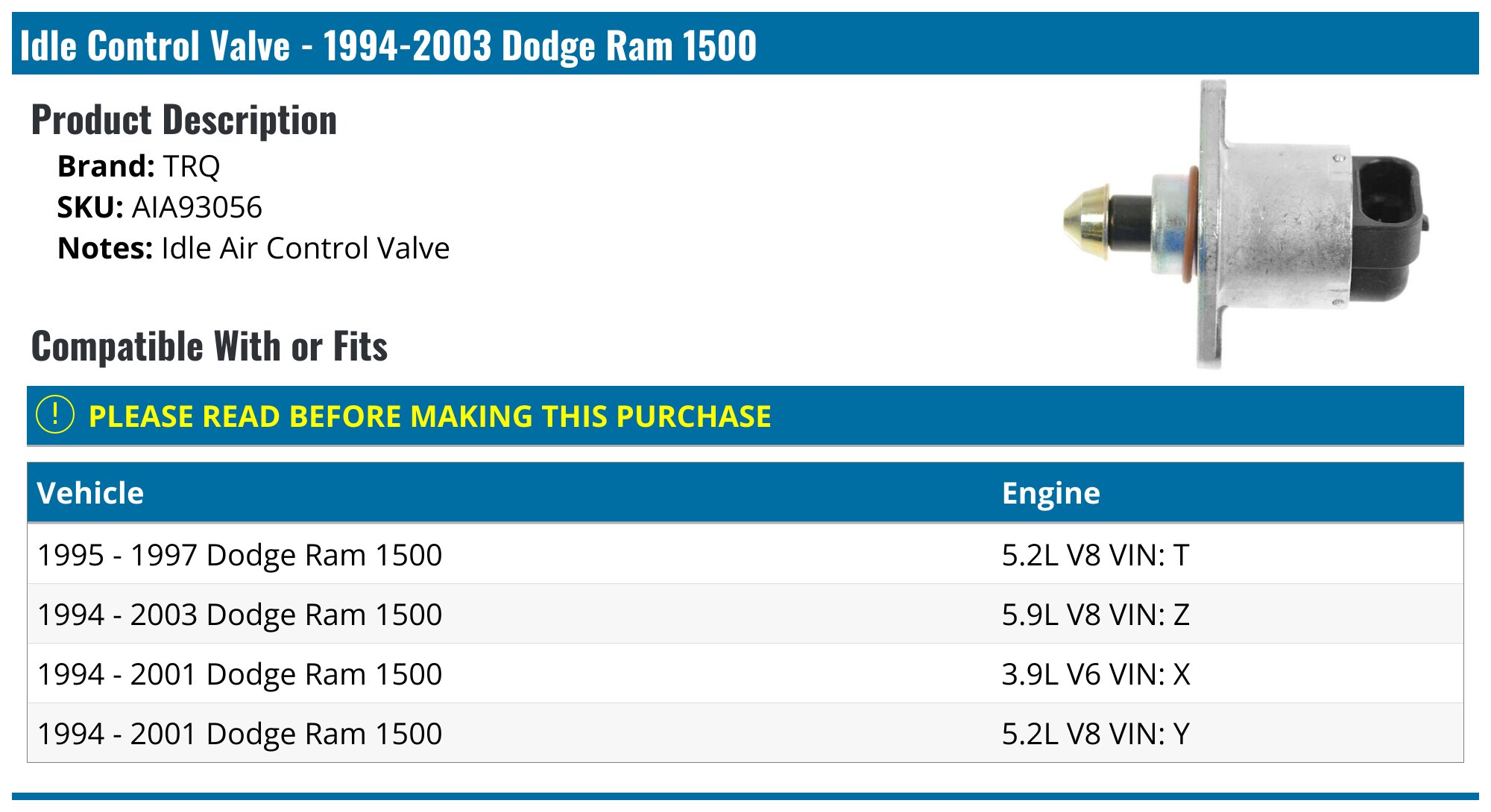 Idle Air Control Valve For 1994-2003 Dodge Ram 1500 1995 1996 1997