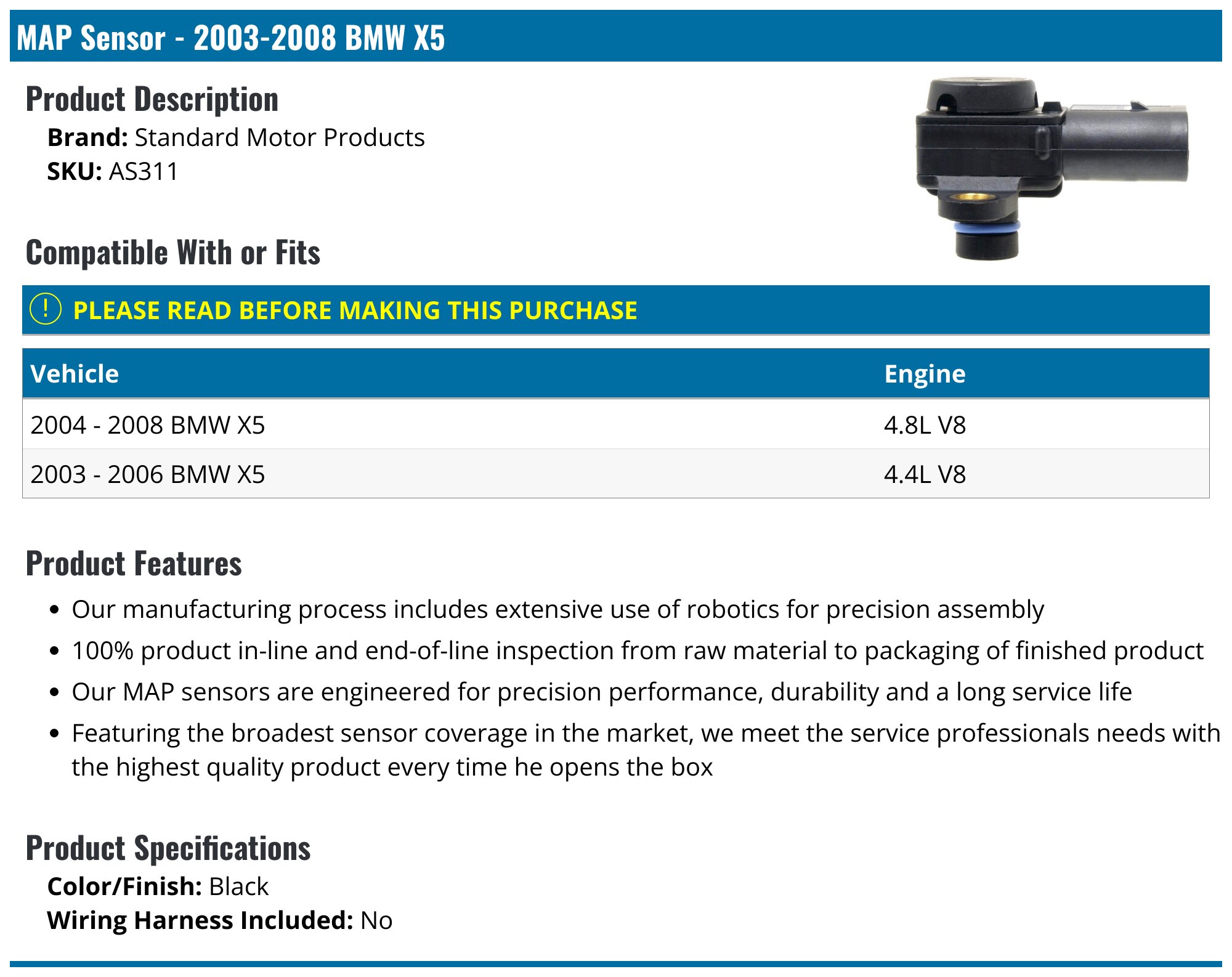 2003-2008 BMW X5 MAP Sensor - Standard Motor Products AS311 - PartsGeek.com