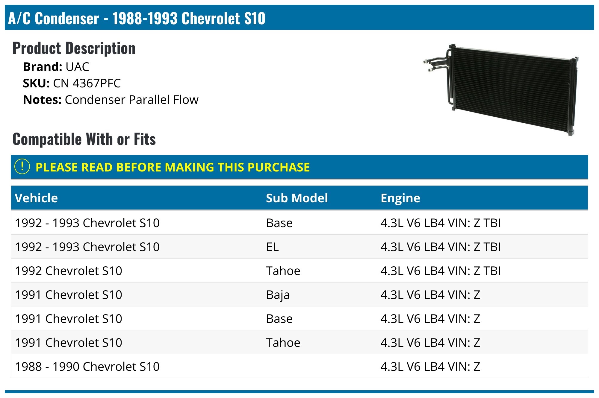 Condenseur De Climatisation Pour Chevy Blazer 1995-2004 / S10 / GMC Sonoma - Référence 7-4560 - Neuf - Garantie à Vie KAC