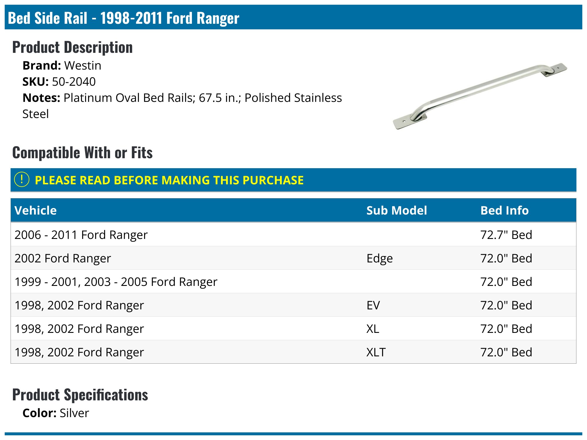 For Ranger Bin Side Rails 1998-2011 Ford Ranger Bed Side Rail - Westin 50-2040 - PartsGeek.com