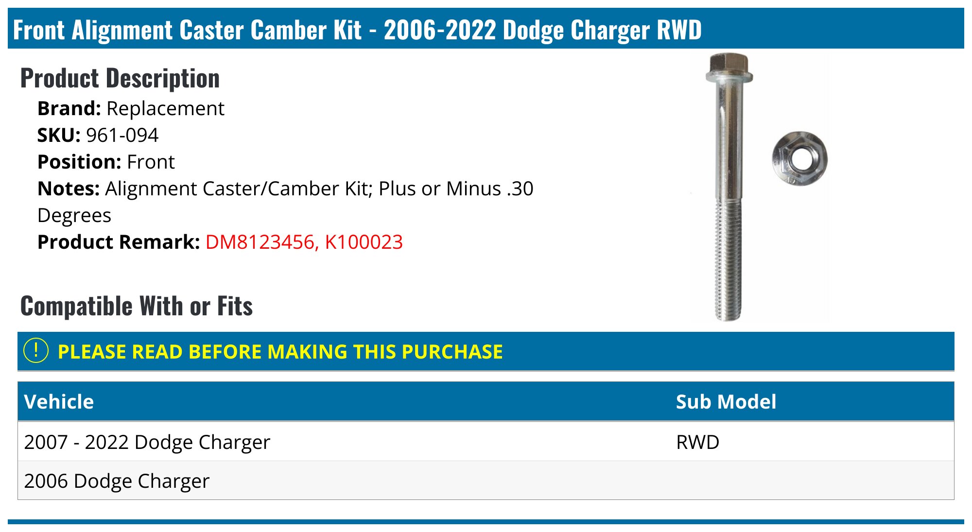 Alignment Caster Camber Kit For Dodge Charger 2006-2022 – Front – Replacement 19297XZ