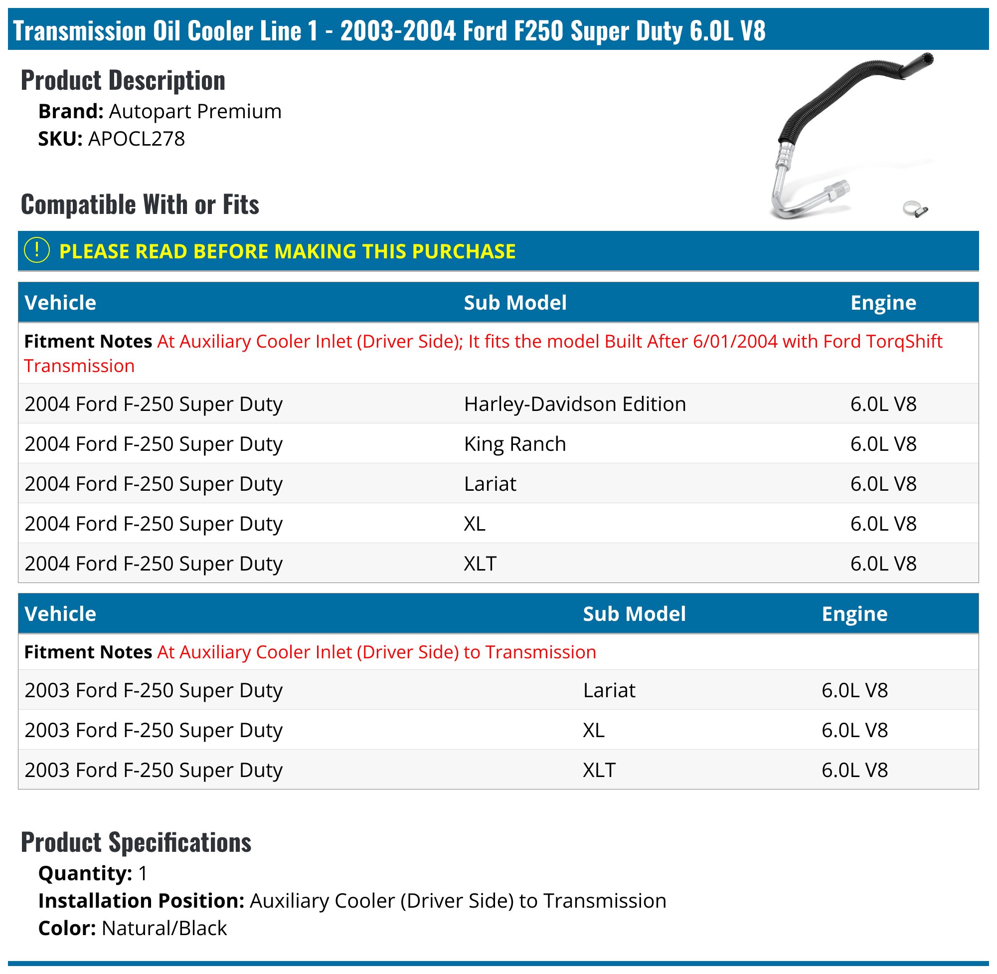 2593484 2003-2004 Ford F250 Super Duty Transmission Oil Cooler Line - Autopart ...