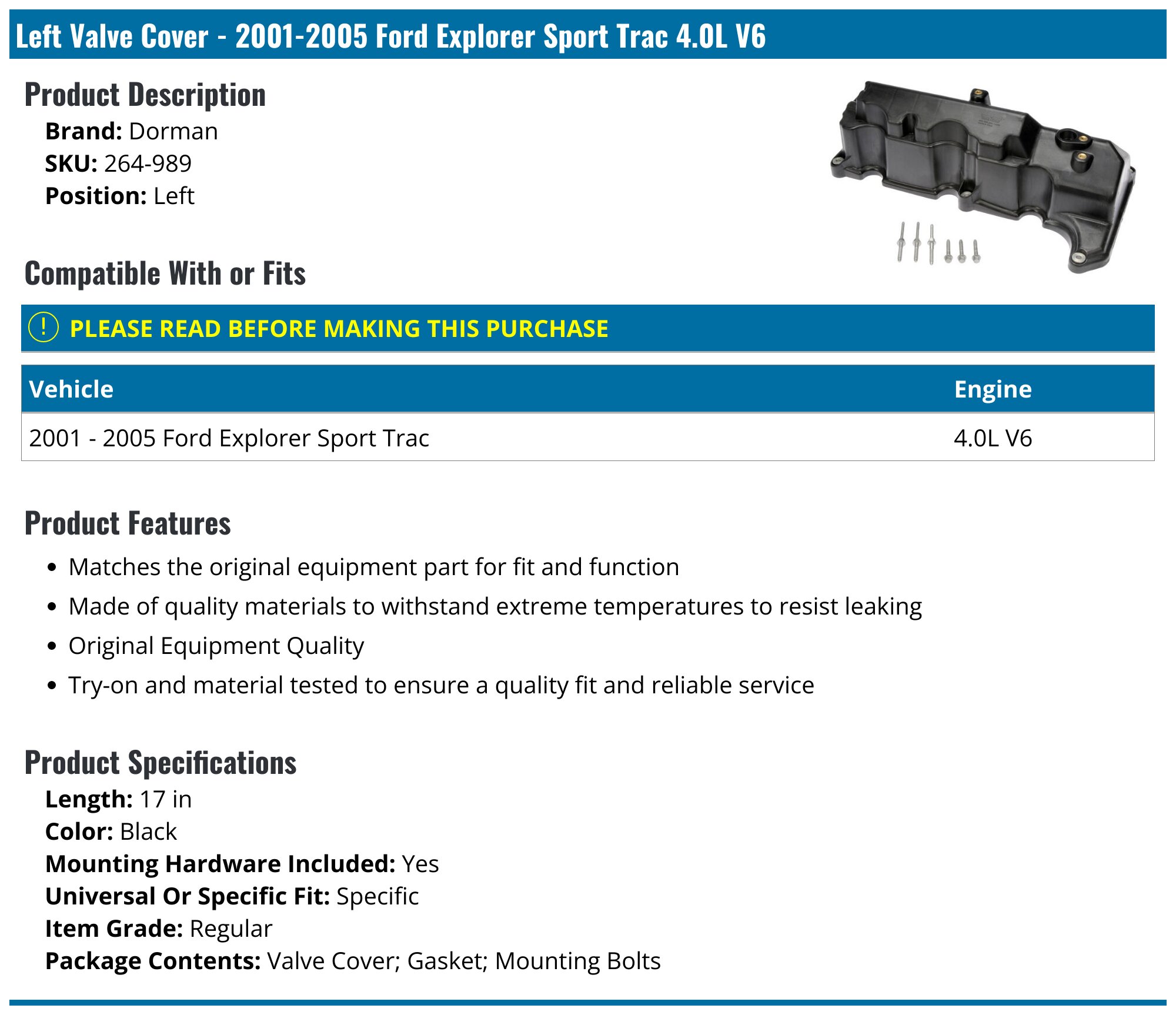 Valve Cover For 2007 Ford Explorer Sport Trac – Driver Side, 4.0L V6 Engine, Replaces OEM 4L5Z6582JA