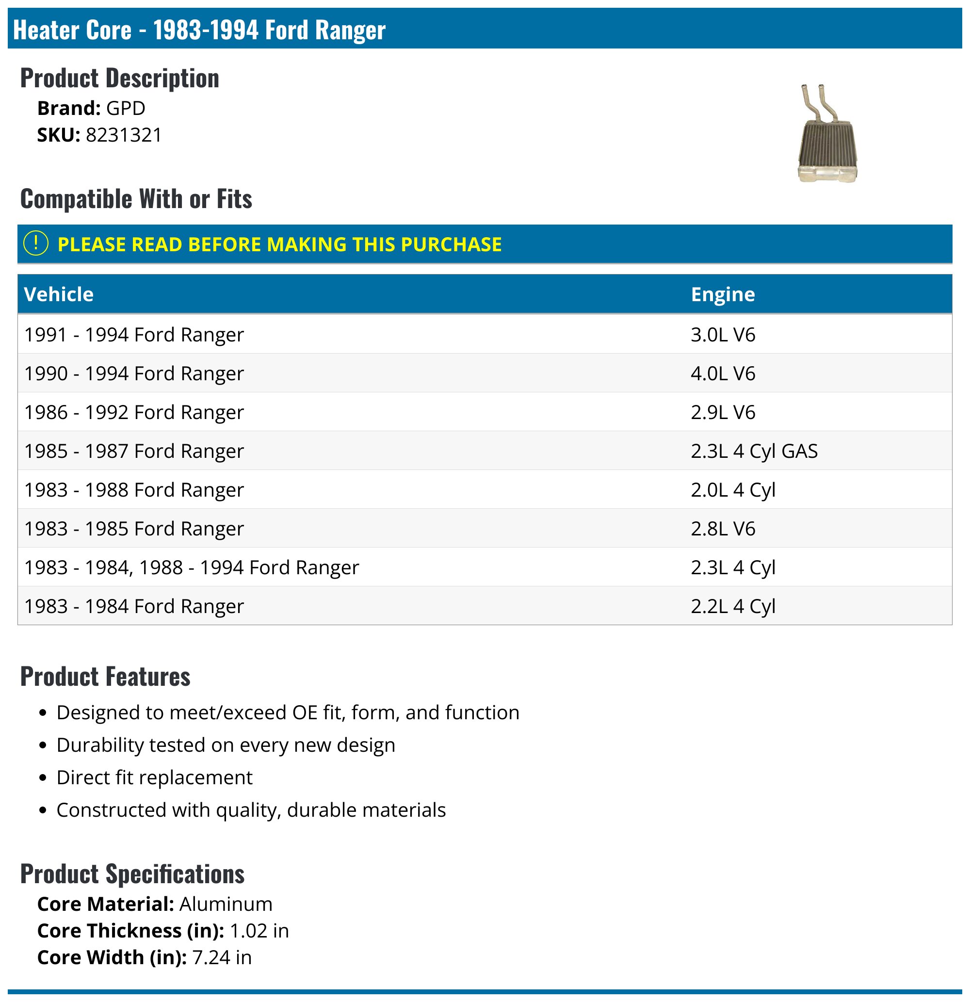 アースラ Ford Ranger Heater Core TYC 96017 Heater Core - Direct Fit For