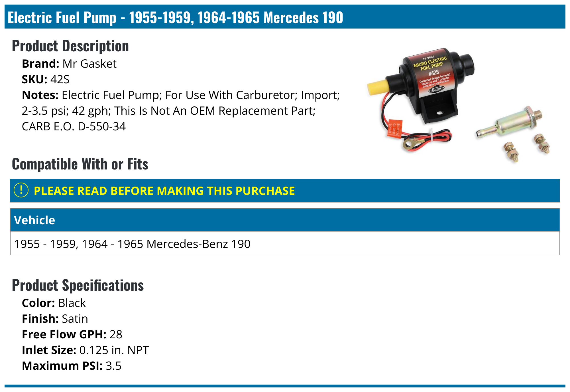 19551959, 19641965 Mercedes 190 Fuel Pump Mr Gasket 42S