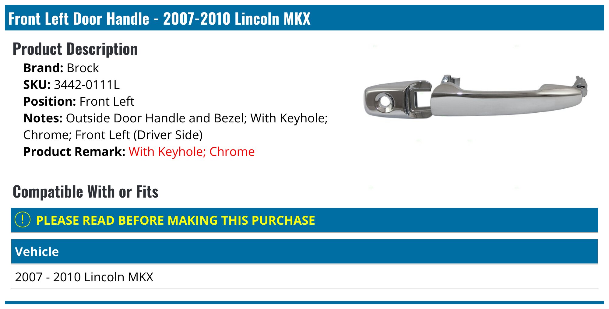 Chrome ABS Door Handle Set For 2006-2011 Lincoln MKZ & MKX – 4 Doors W/o Passive Entry