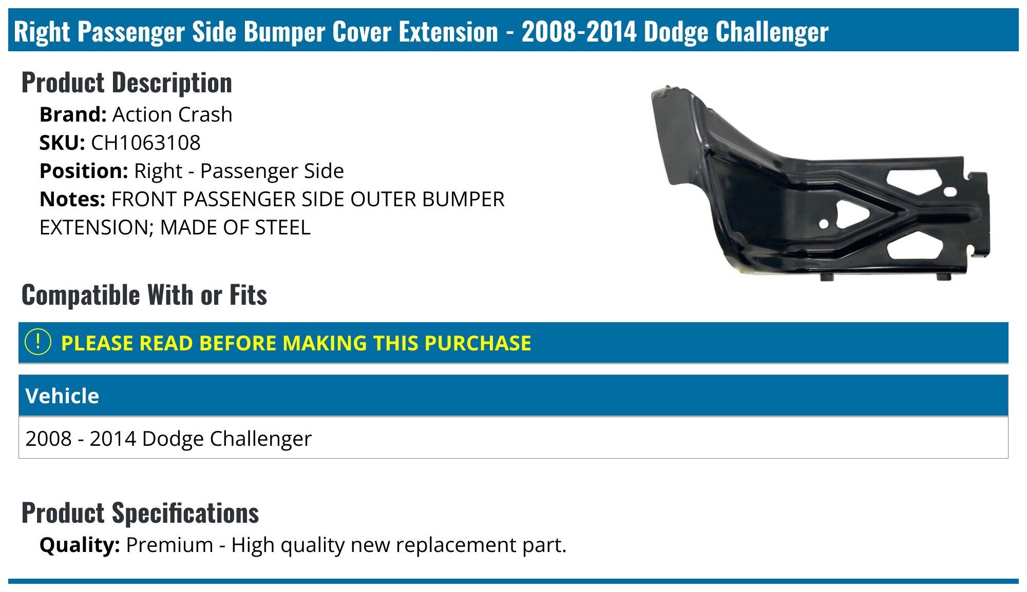 Action Crash Bumper Cover Extension For 2008-2014 Dodge Challenger - Left Driver Side (64248XS)
