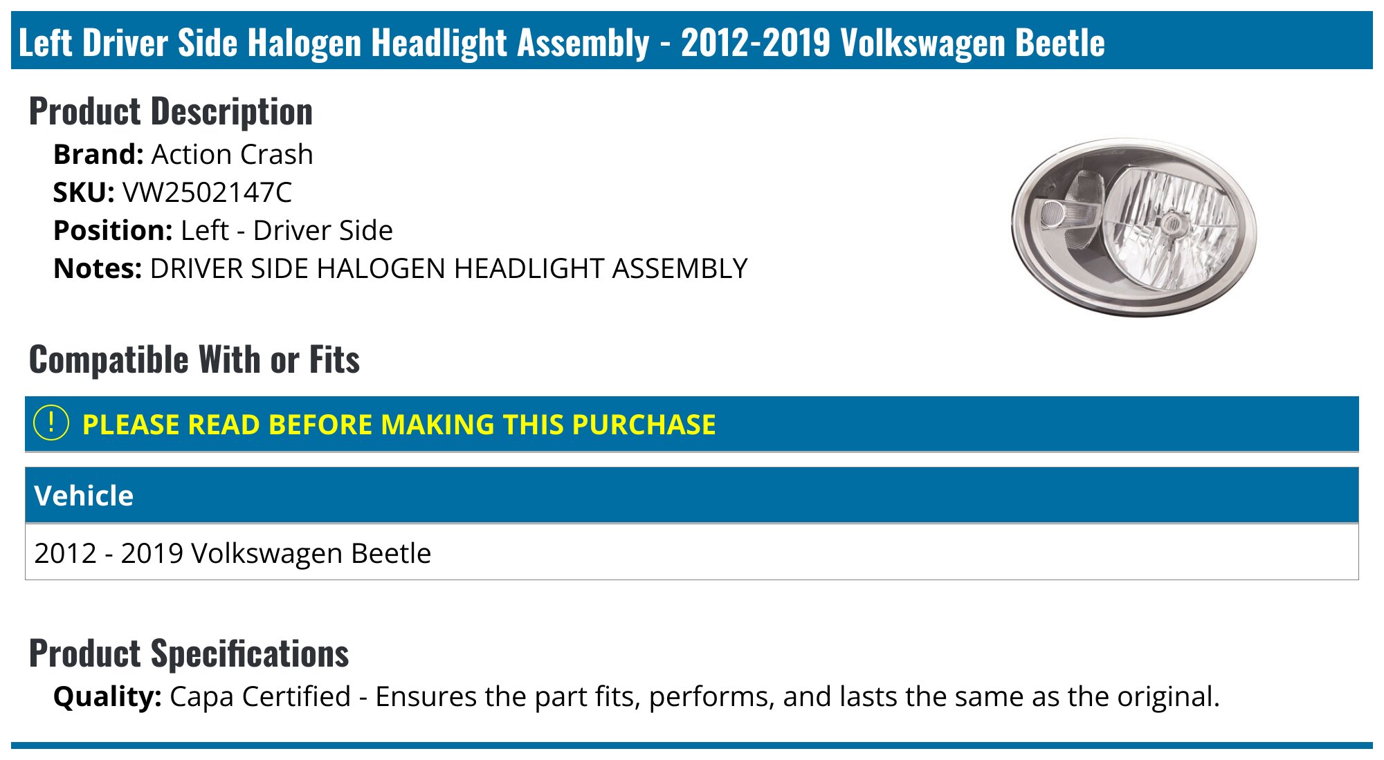 Scitoo Right Side Halogen Headlight Assembly For VW Beetle 2012-2019 - Chrome Housing, Clear Lens, DOT Certified