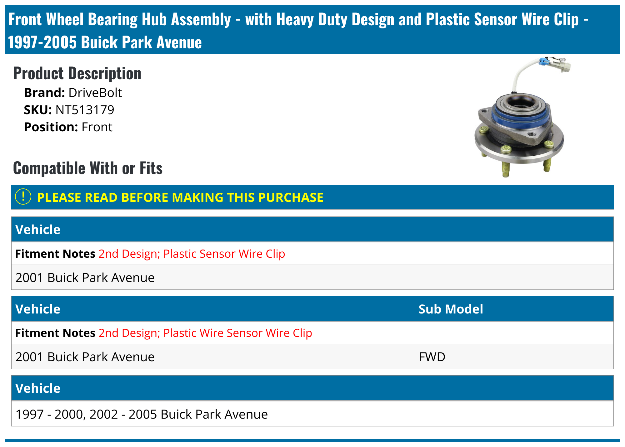 19972005 Buick Park Avenue Wheel Hub Assembly DriveBolt NT513179