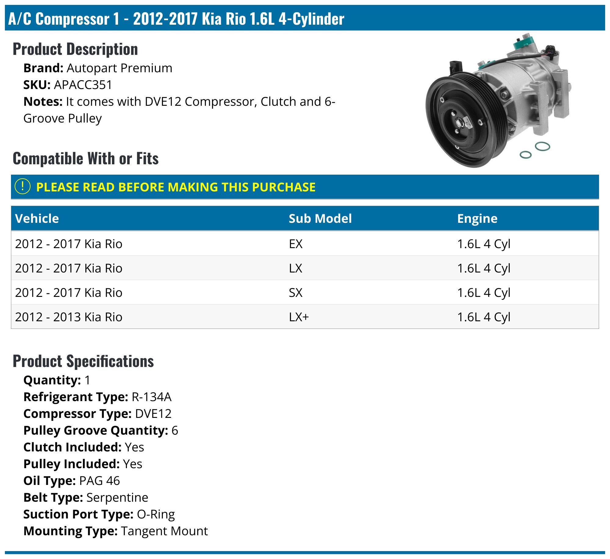 2012-2017 Kia Rio A/C Compressor - Autopart Premium APACC351 ...