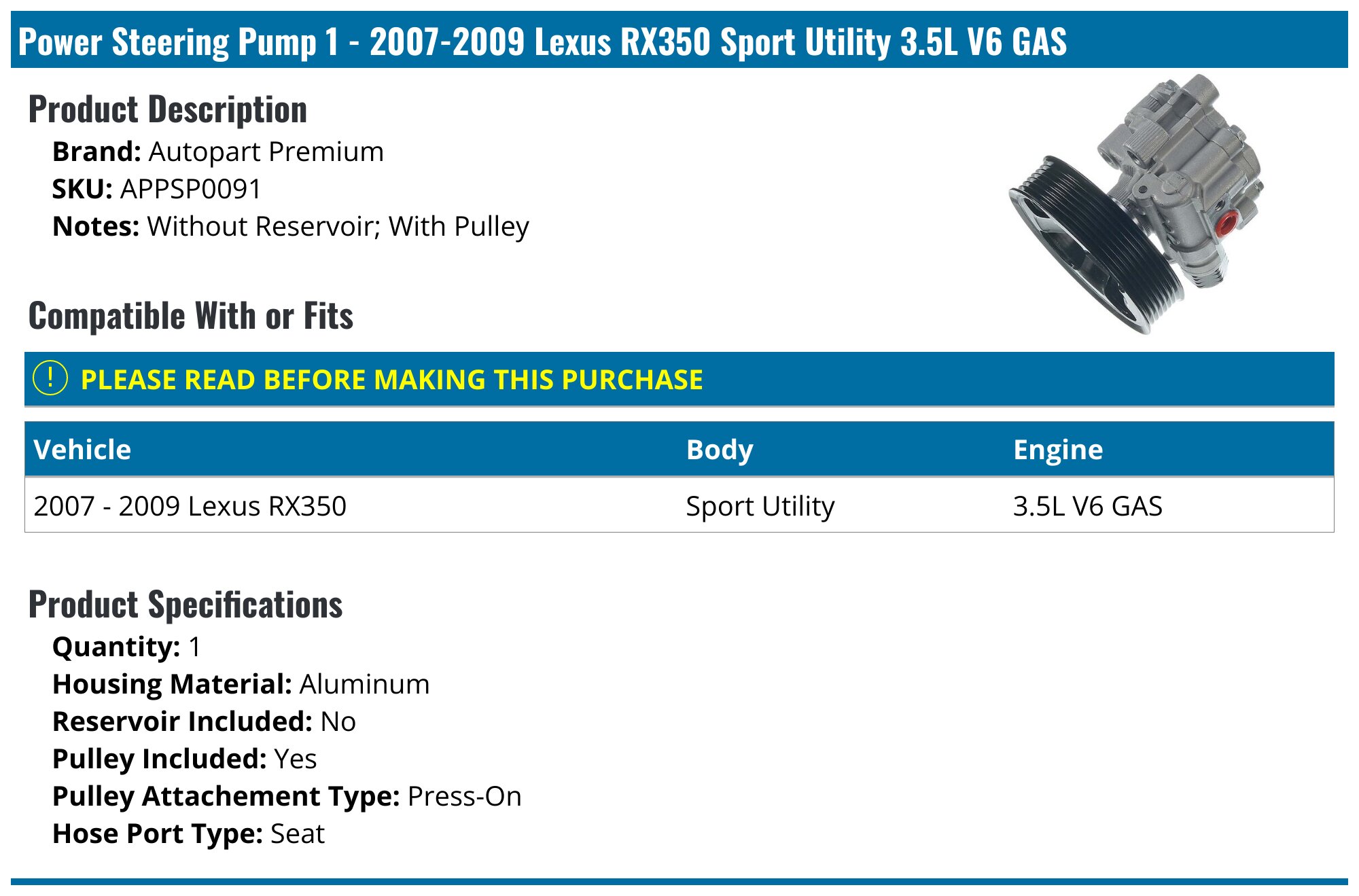 2010 Toyota Tacoma Power Steering Pump with Pulley