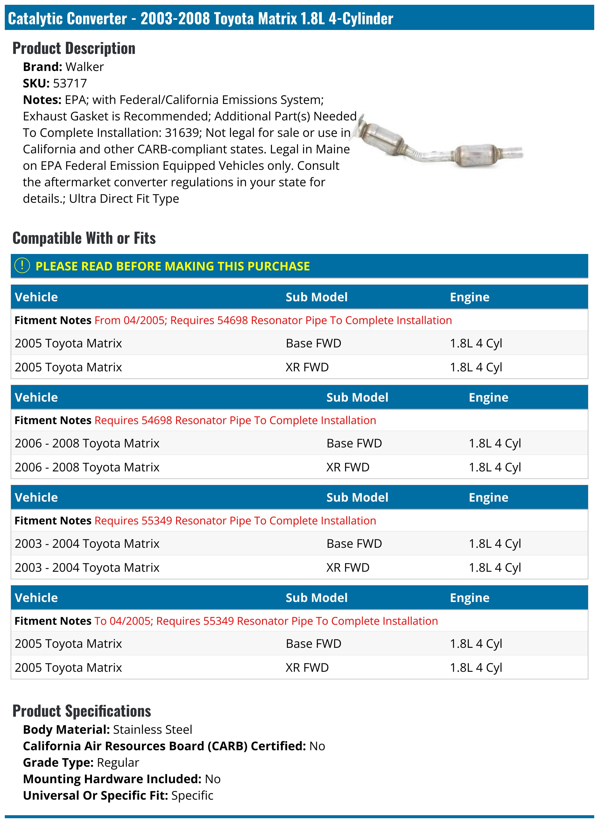 Catalytic Converter For 2003 Toyota Matrix XRS