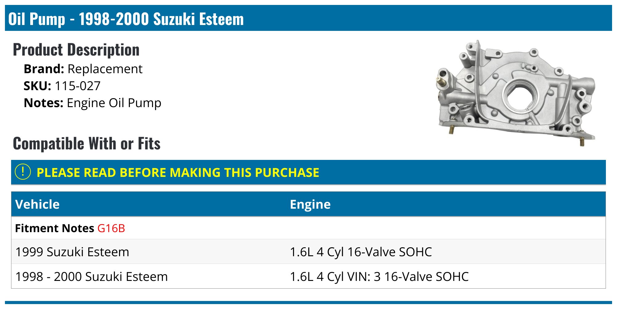 19982000 Suzuki Esteem Oil Pump Replacement 115027