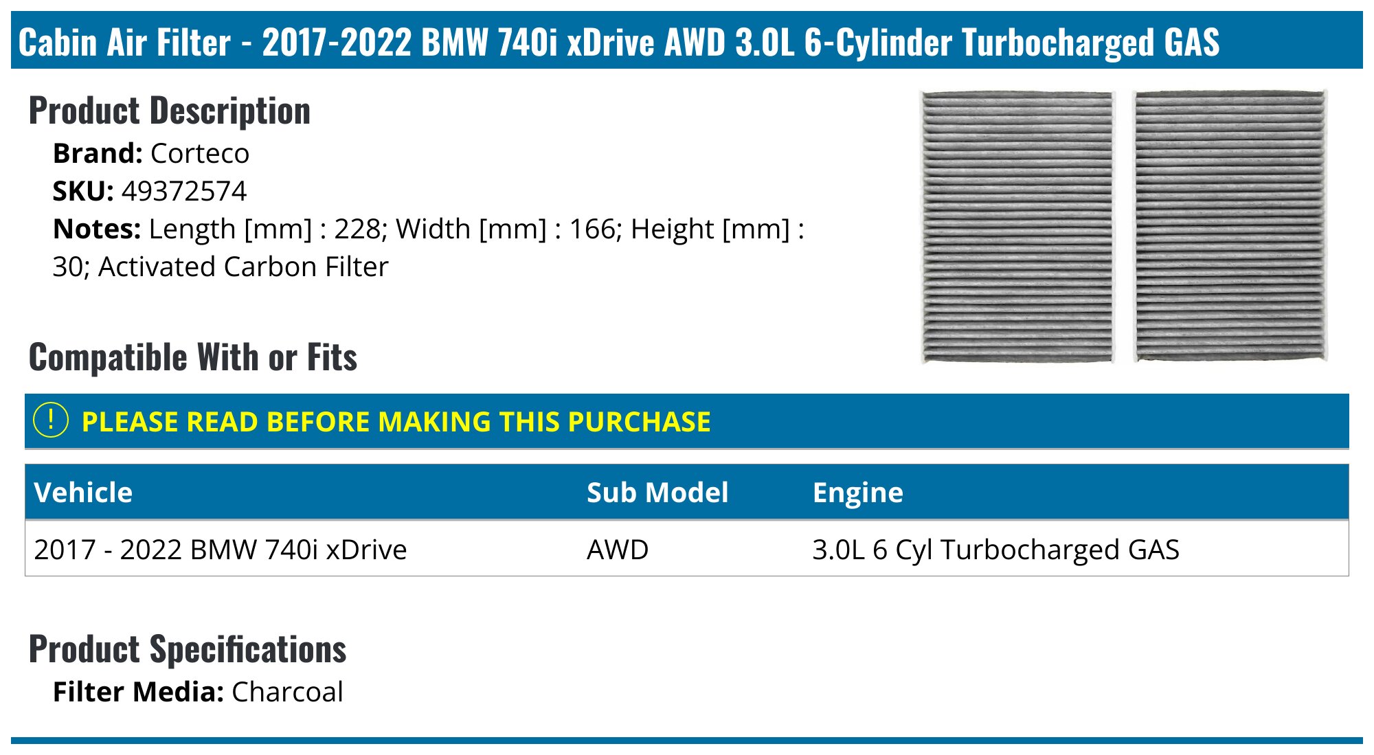 2017-2022 BMW 740i xDrive Cabin Air Filter - Corteco 49372574 ...