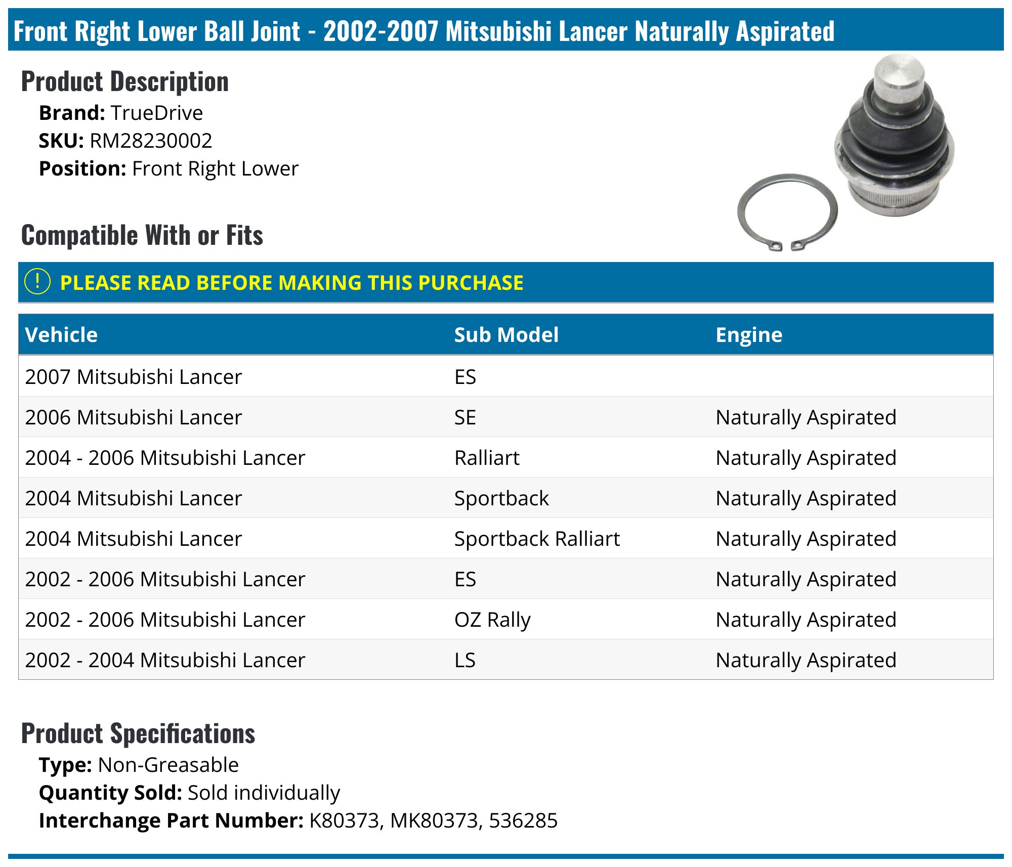 Control Arm & Ball Joint Front Right Lower 1X For 2002-2007 Mitsubishi Control Arm & Ball Joint Front Right Lower 1X For 2002-2007 Mitsubishi