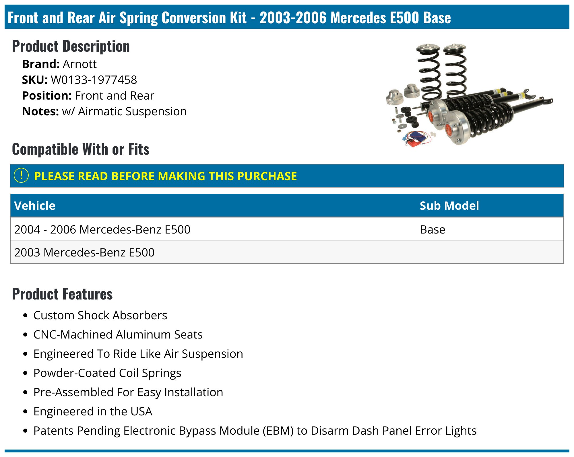 20032006 Mercedes E500 Air Spring Conversion Kit Arnott W0133