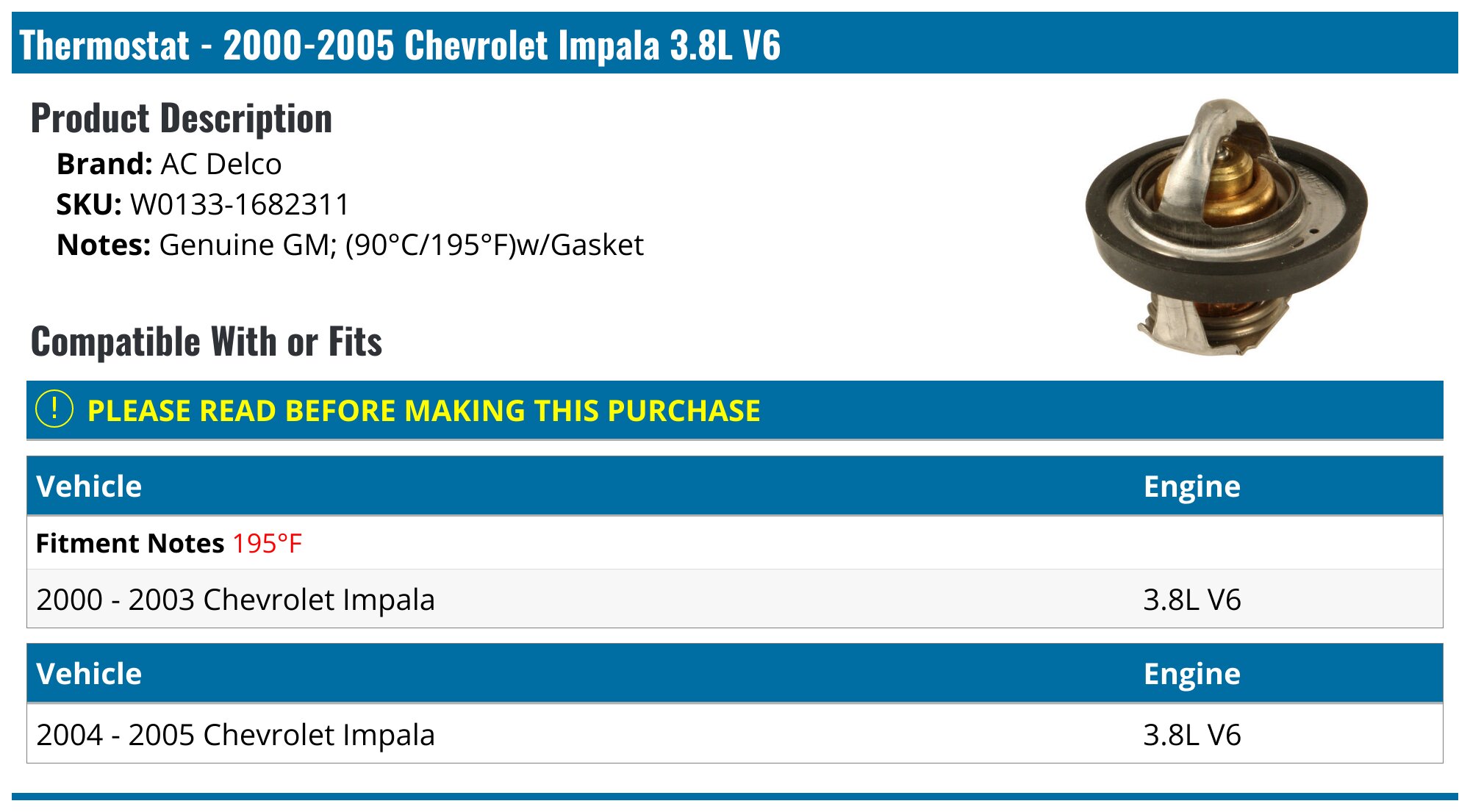 20002005 Chevrolet Impala Thermostat AC Delco W01331682311