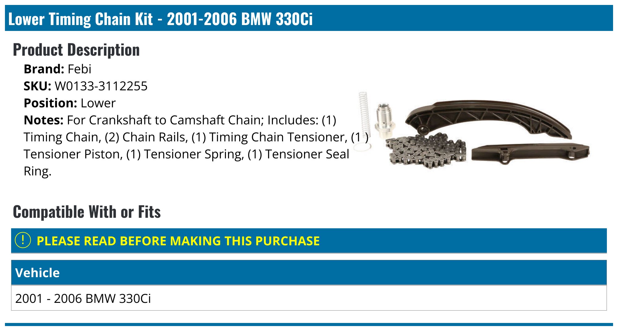 2001-2006 BMW 330Ci Timing Chain - Febi W0133-3112255 - Lower ...