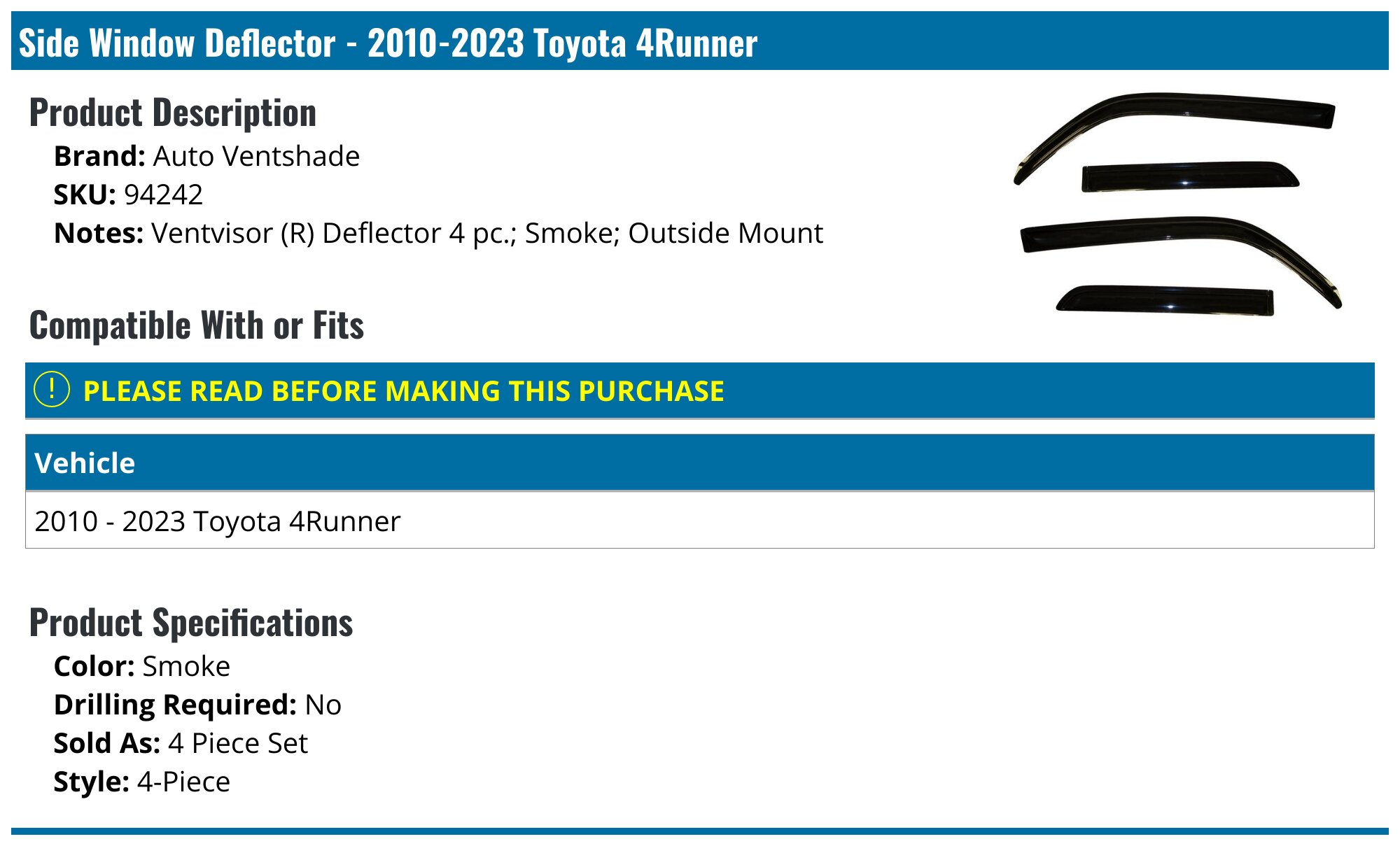 Genuine Toyota Black Acrylic Window Visors / Rain Guards For 1996-2002 4Runner (4pc Kit, Tape-On)