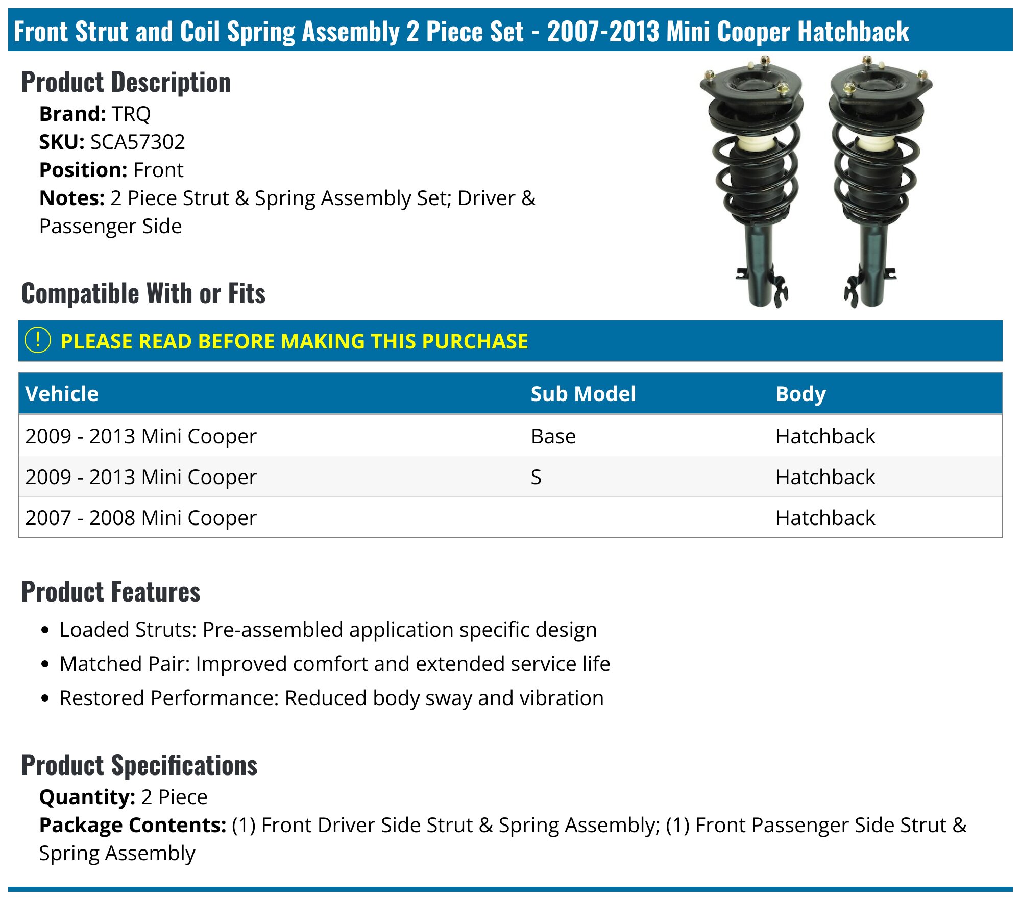 2007-2015 Mini Cooper Strut Assembly - TRQ SCA57302 - Front - PartsGeek.com