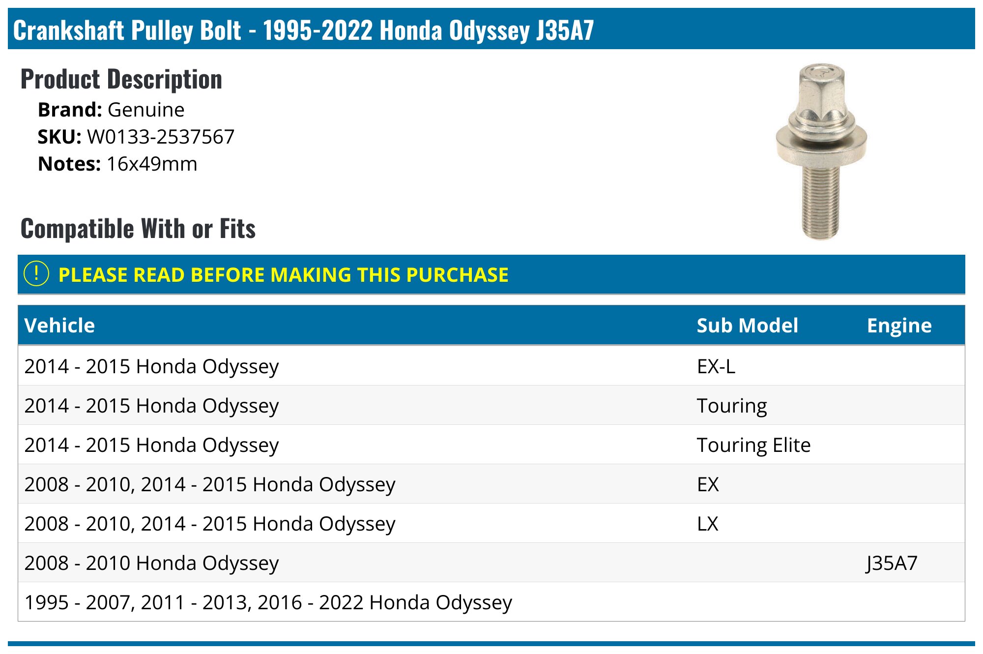 19952022 Honda Odyssey Crankshaft Pulley Bolt Genuine W01332537567