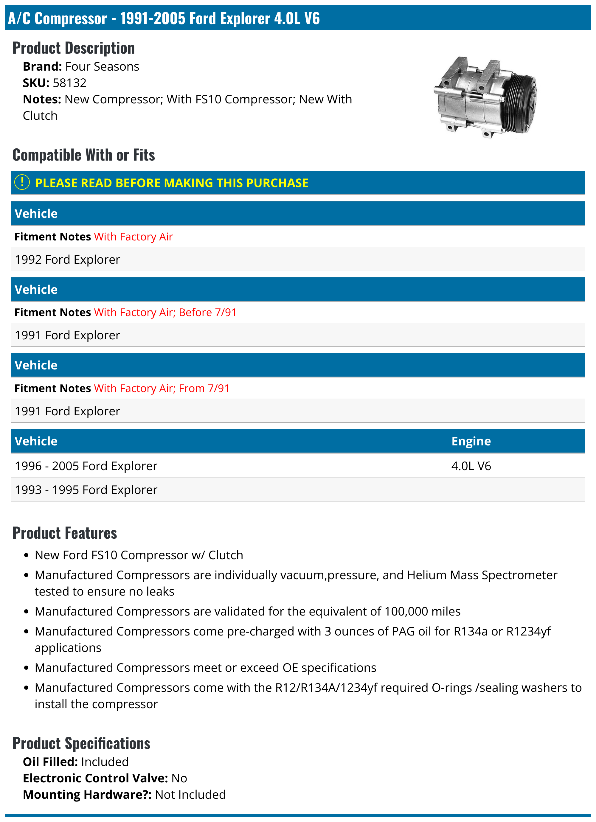 1991-2005 Ford Explorer A/C Compressor - Four Seasons 58132 ...