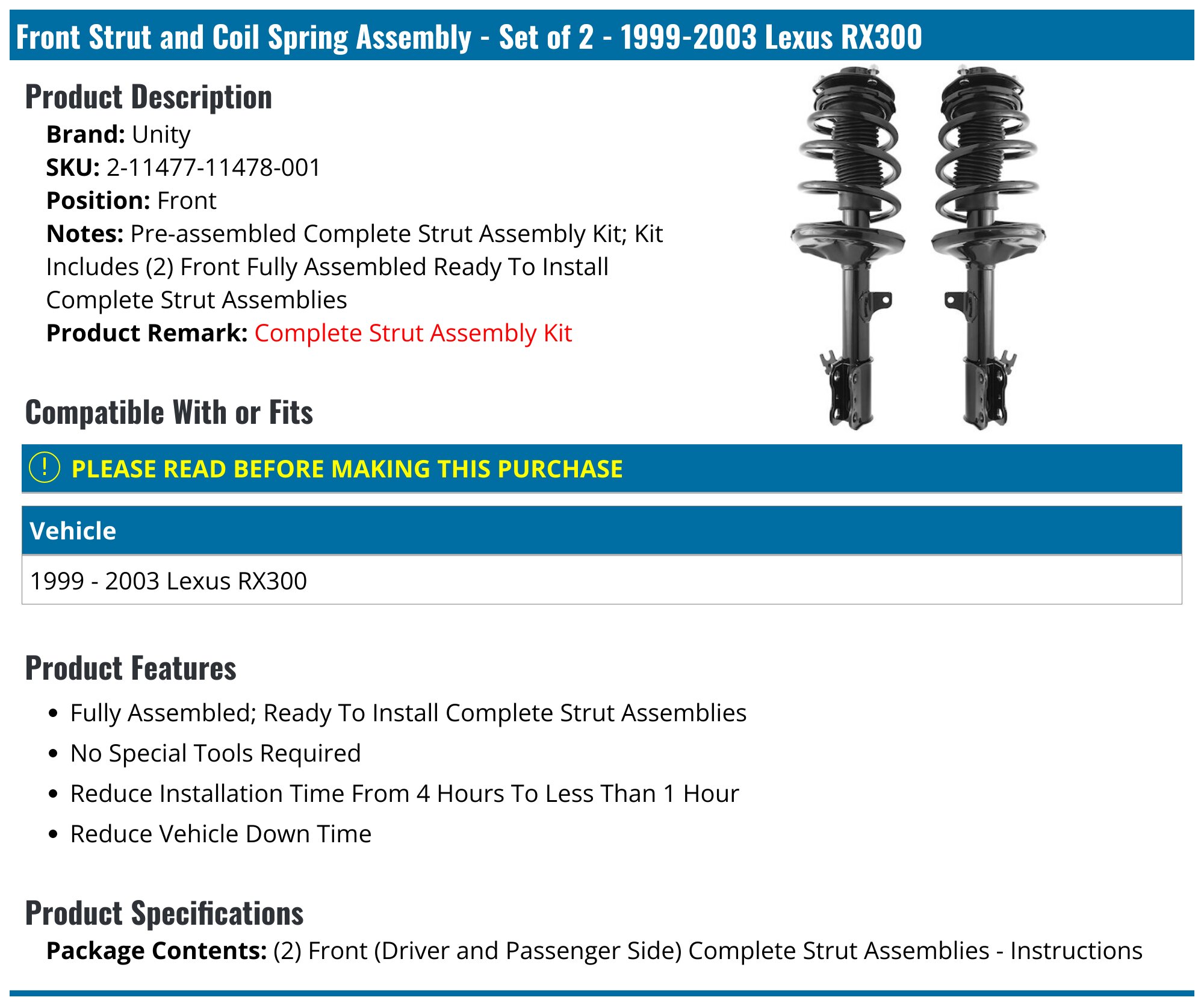 2x Front Complete Strut Assemblies With Springs For Lexus RX300 1999-2003 – Topliftsupport
