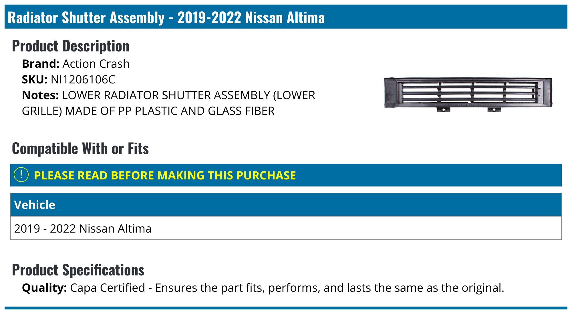 Complete Front Bumper & Grille Assembly Kit For 2019-2021 Nissan Altima - Radiator Shutter, Fog Lights, Brackets