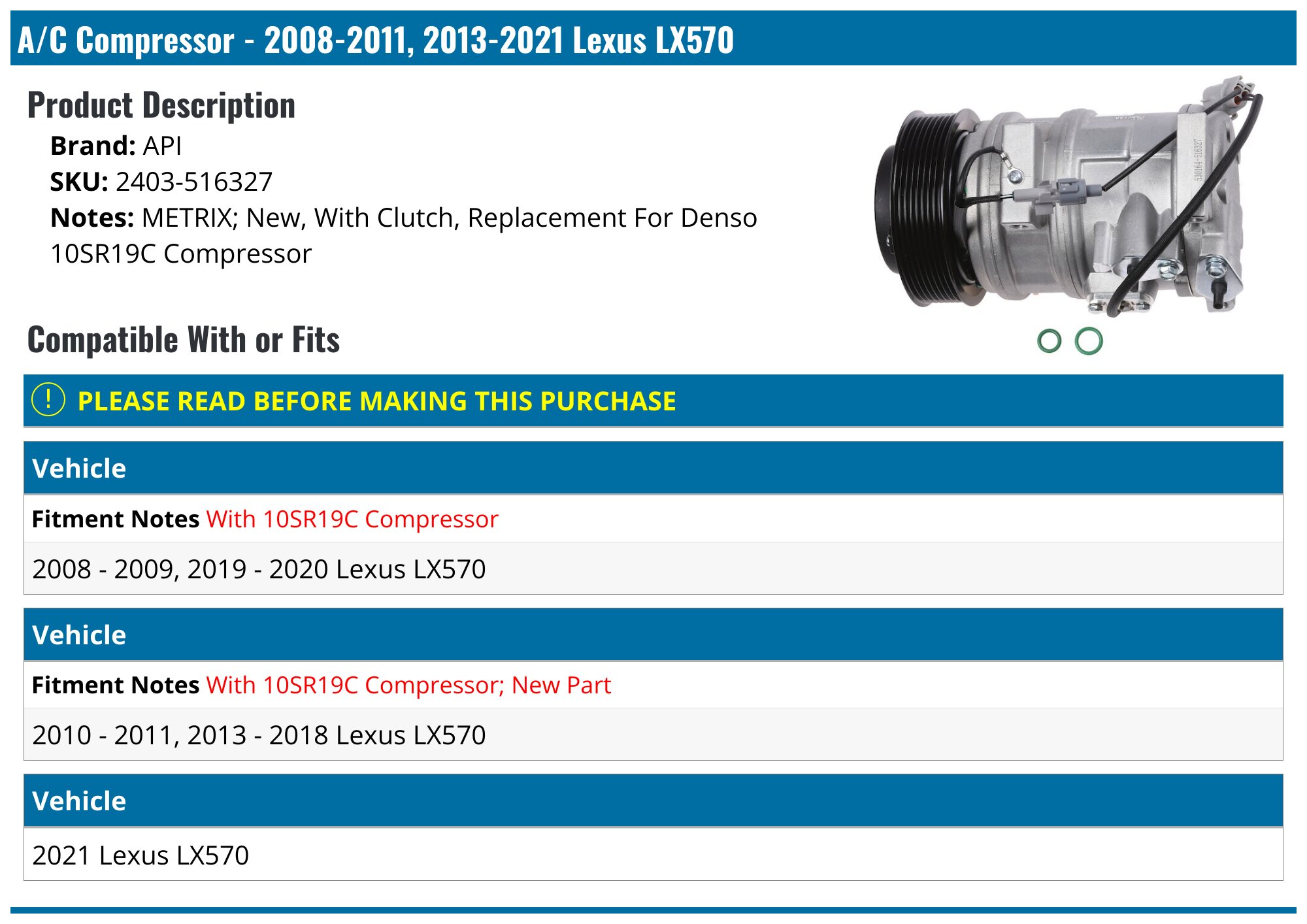 2008-2011, 2013-2021 Lexus LX570 A/C Compressor - API 29068