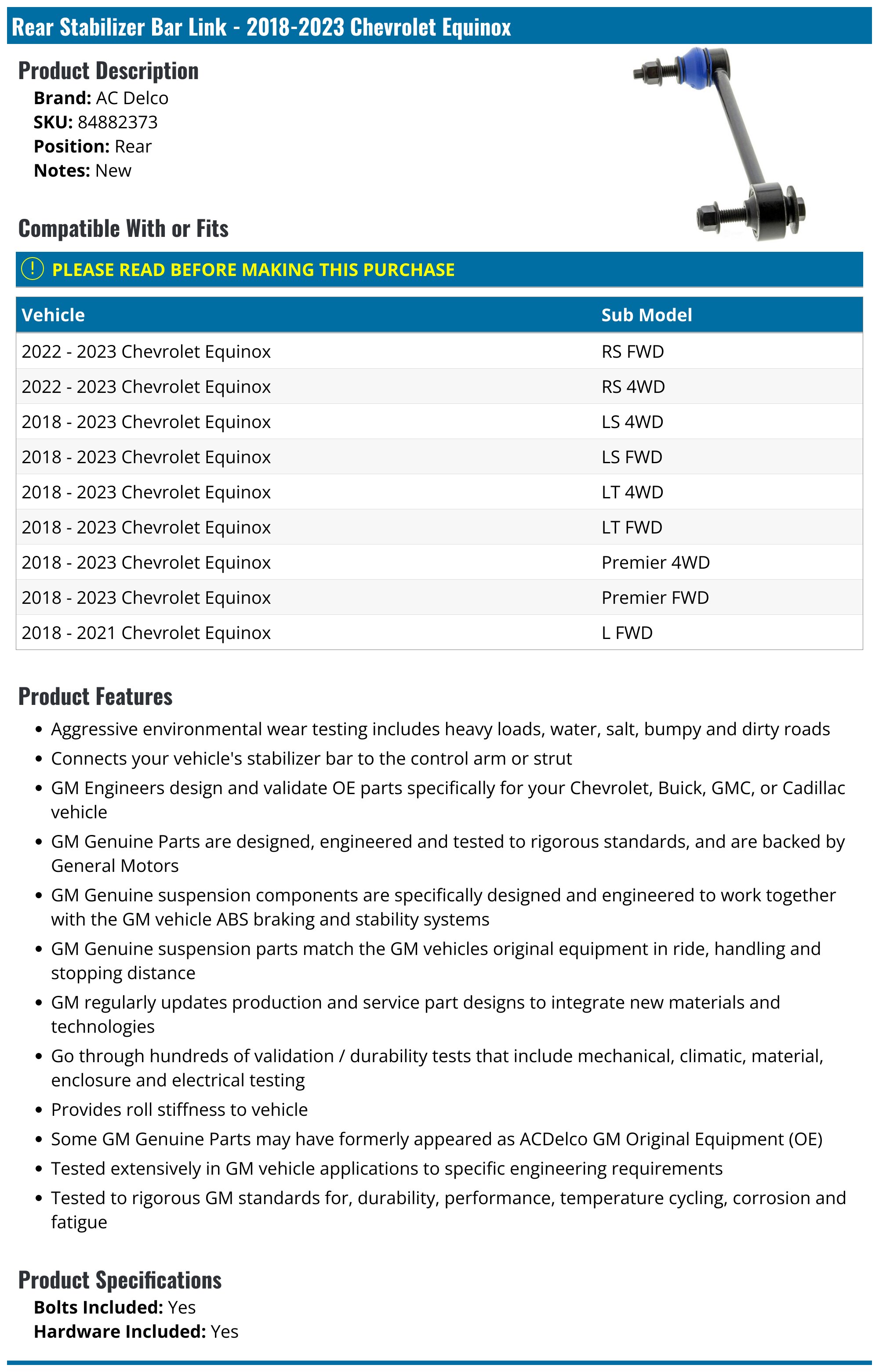 2018-2025 Chevrolet Equinox Sway Bar Link AC Delco 84882373