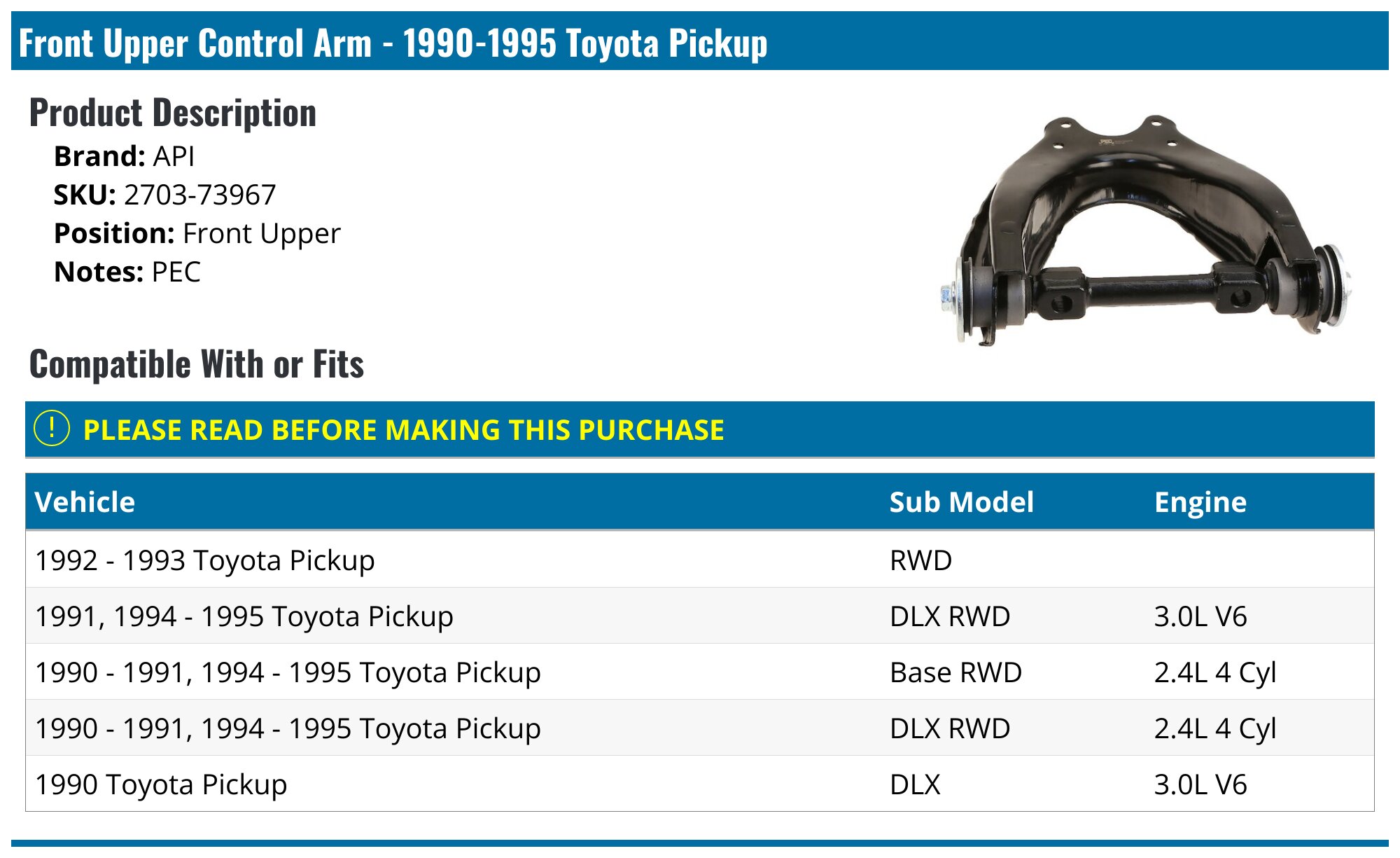 19901995 Toyota Pickup Control Arm API 816602770708 Front Upper