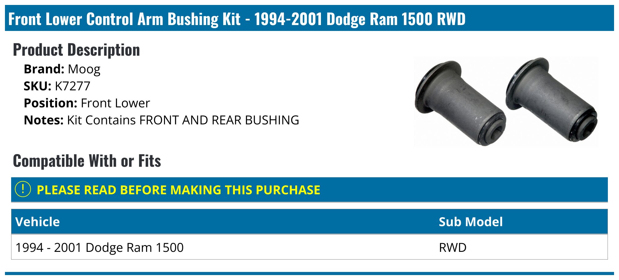 Set Of 2 Front Lower Control Arm Strut Fork Bushings By KYB - For RAM 1500 4WD